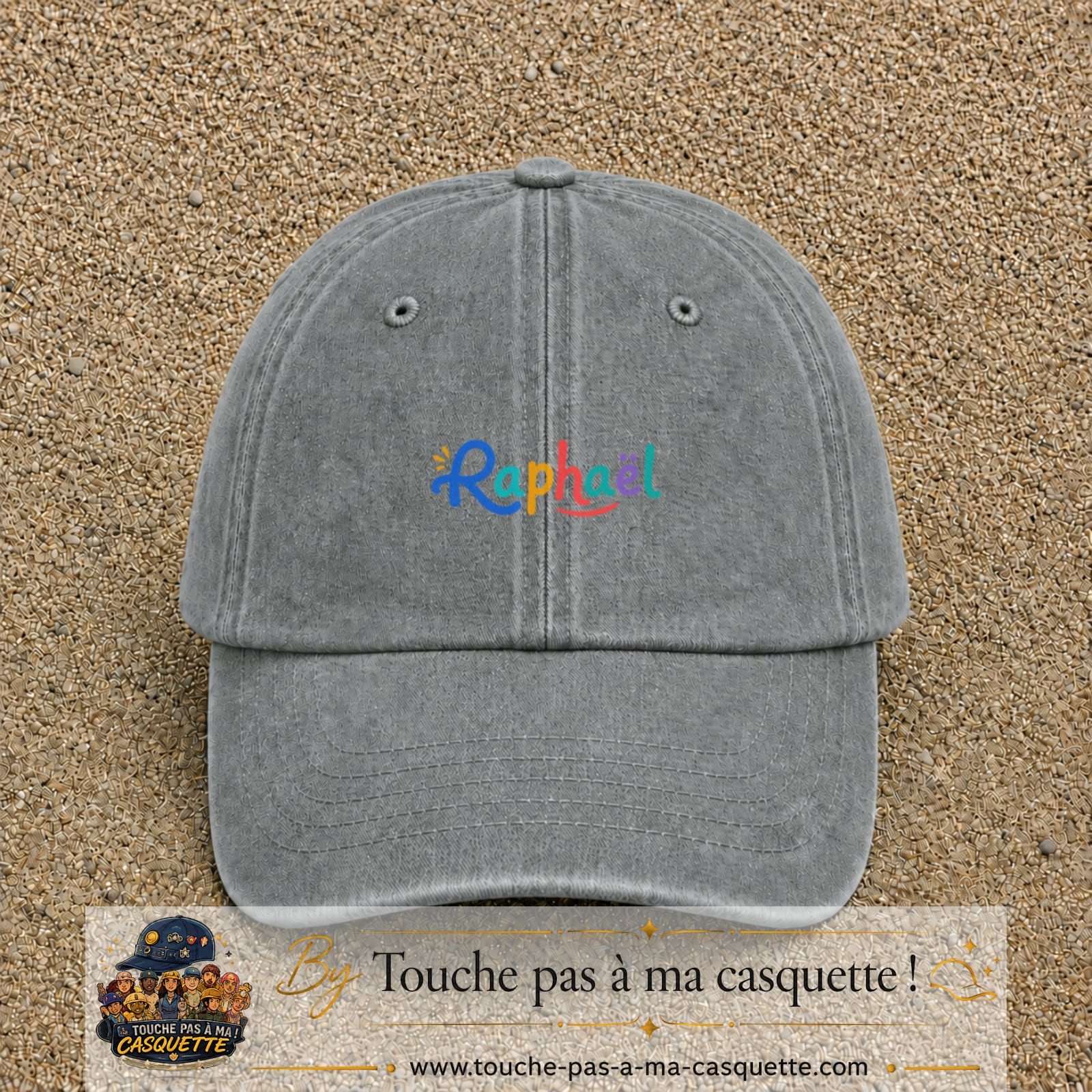 Casquette baseball Gris délavé 100% coton avec visuel Prénom Raphaël coloré 3 cm - image produit principale