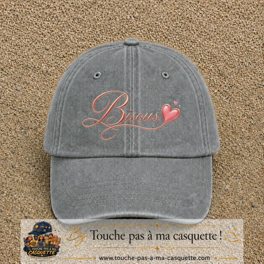 Casquette baseball Gris délavé 100% coton avec visuel Bisous cœur 7 cm - image produit principale