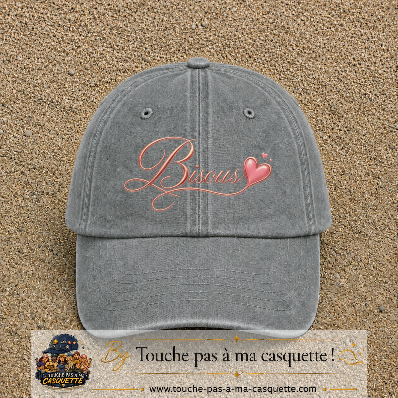 Casquette baseball Gris délavé 100% coton avec visuel Bisous cœur 7 cm - image produit principale