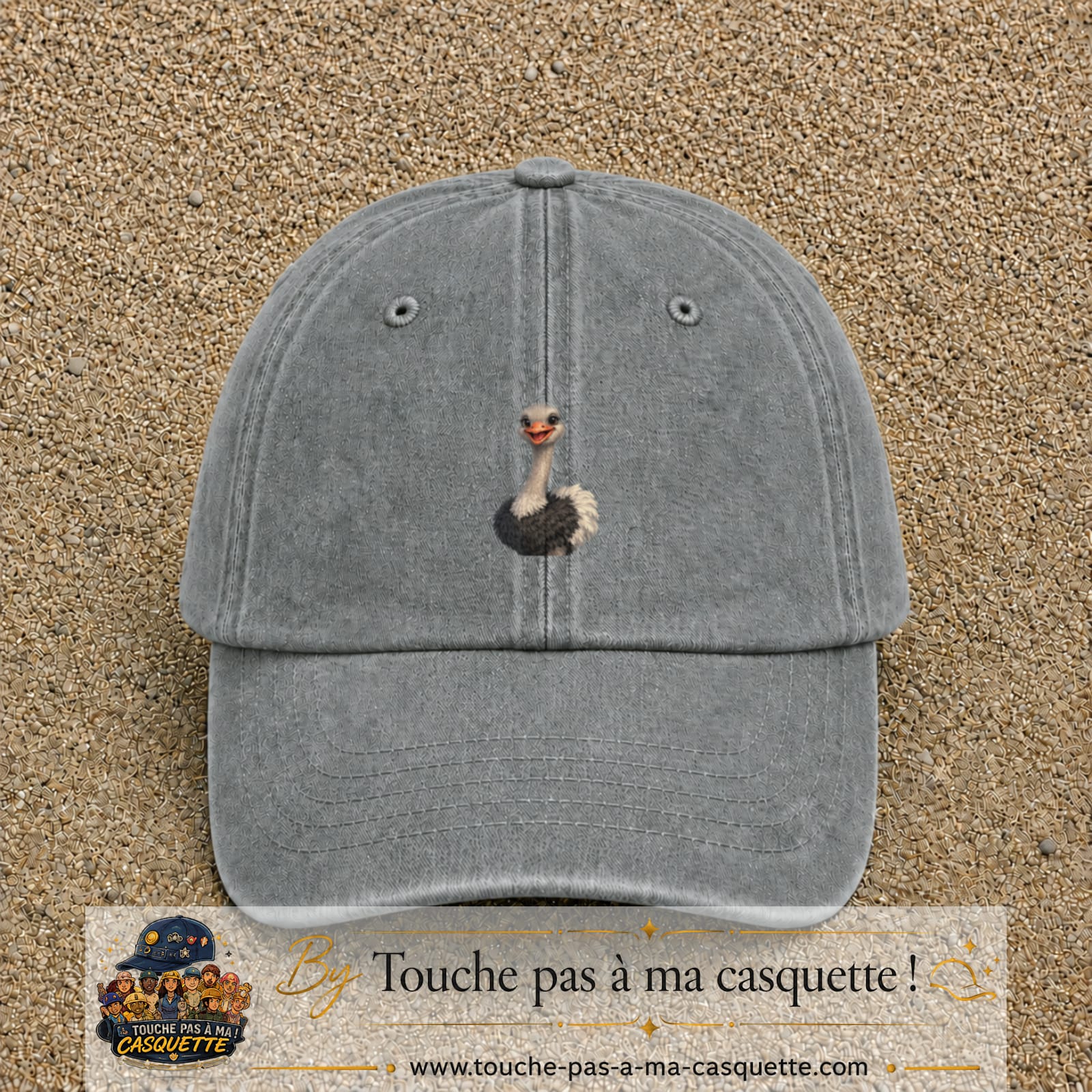 Casquette Gris délavé 100% coton avec motif Autruche souriante 5 cm - image principale