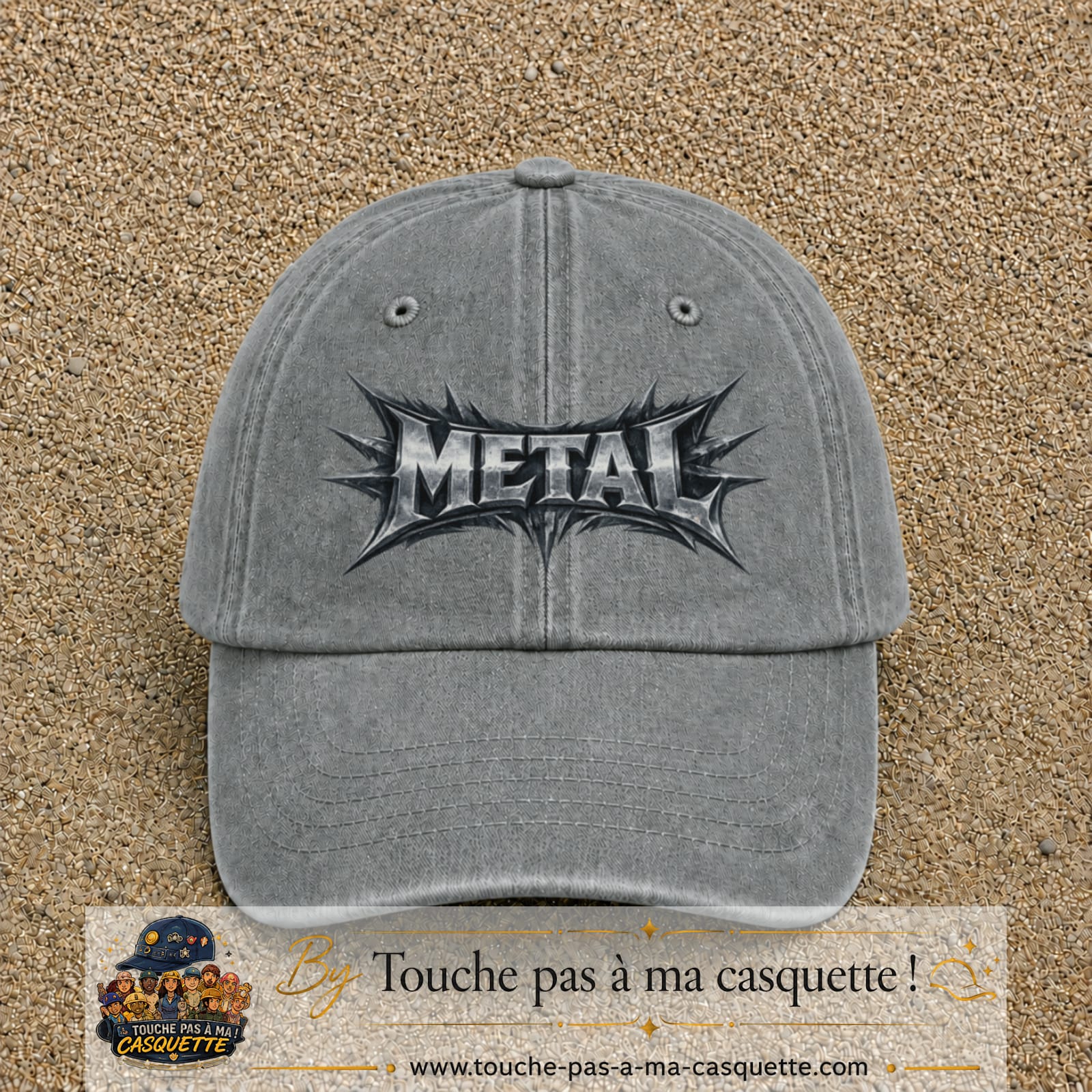 Casquette baseball Gris délavé 100% coton avec visuel Typographie métal 7 cm - image produit principale