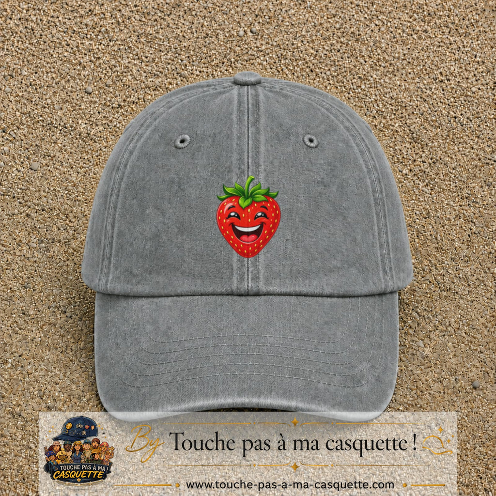 Casquette baseball Gris délavé 100% coton avec motif Fraise souriante 5 cm - image principale