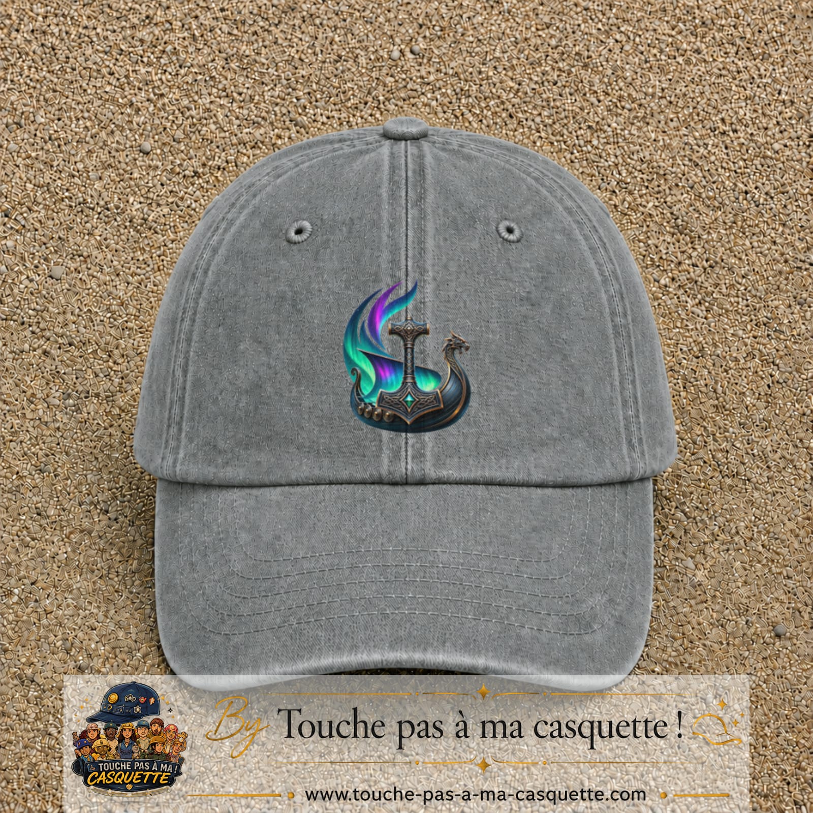 Casquette Gris délavé 100% coton avec motif Drakkar viking et marteau de Thor 7 cm - image principale