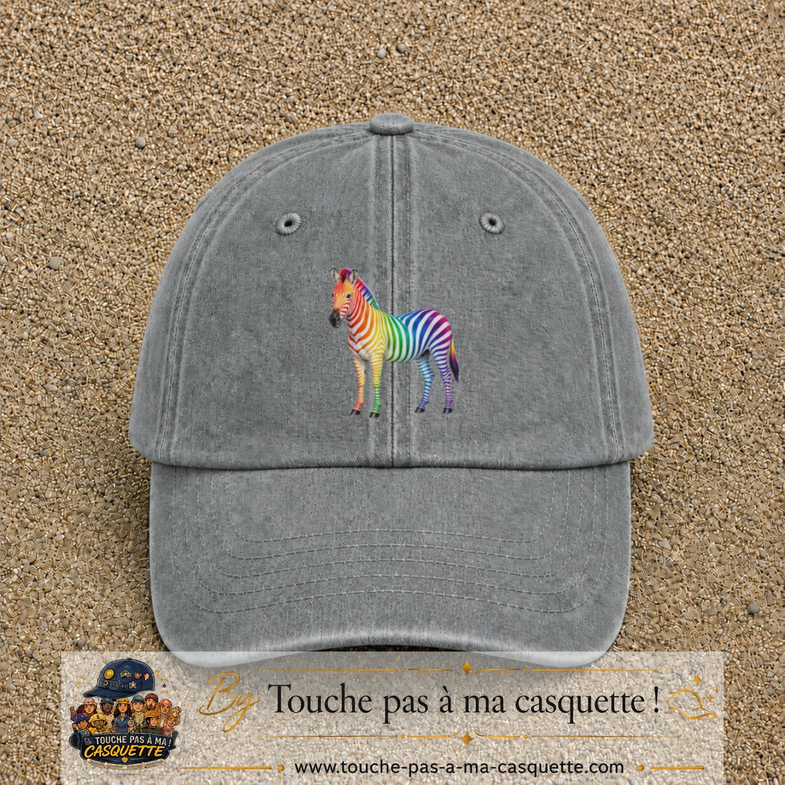 Casquette Gris délavé 100% coton avec motif Zèbre arc-en-ciel 7 cm - image principale