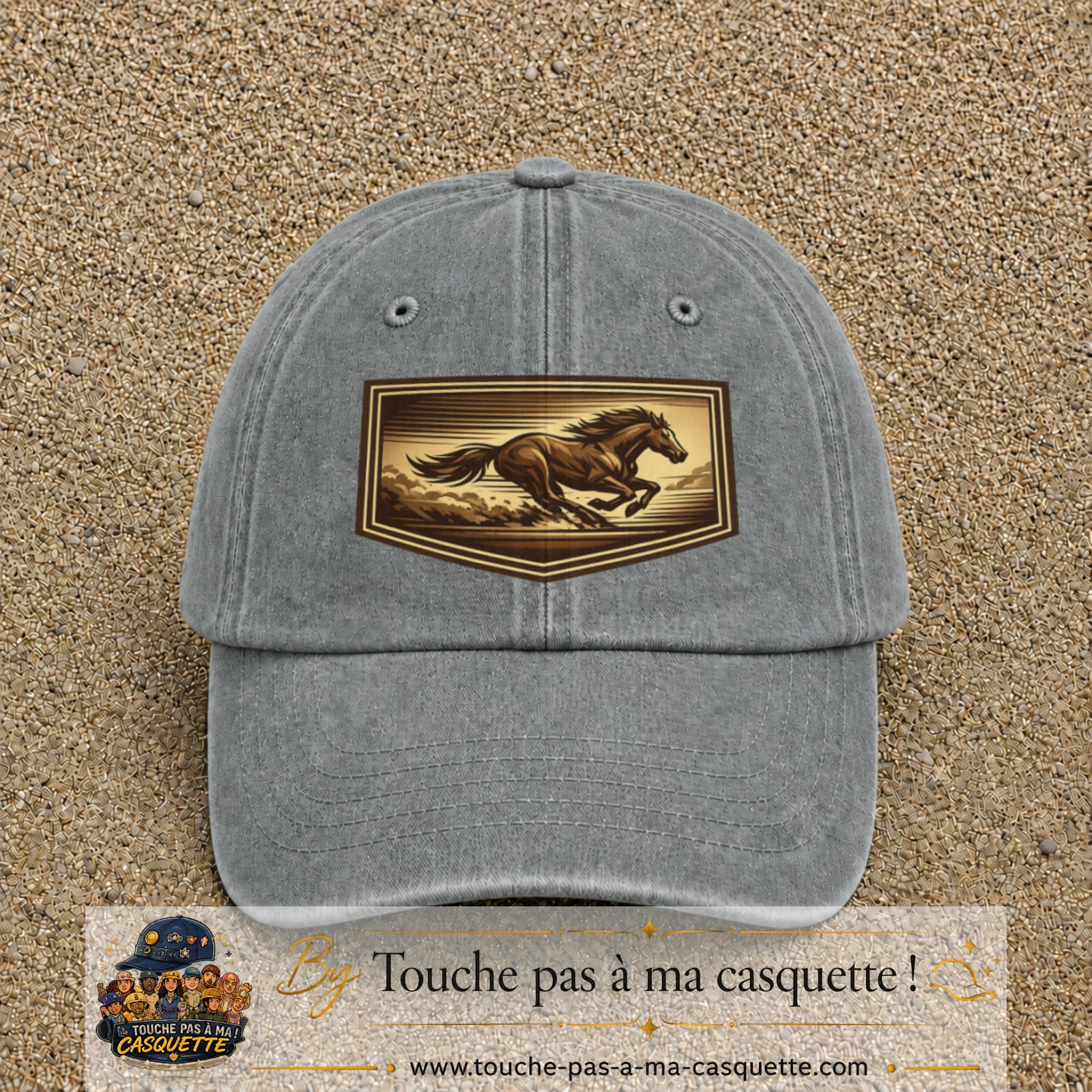 Casquette baseball Gris délavé 100% coton avec visuel Cheval en course 7 cm - image produit principale