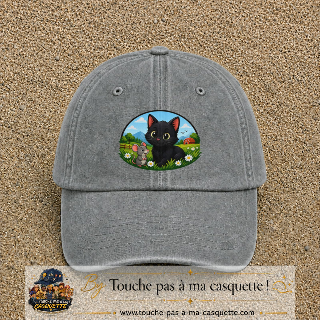 Casquette baseball Gris délavé 100% coton avec visuel Chat et souris à la ferme 7 cm - image produit principale