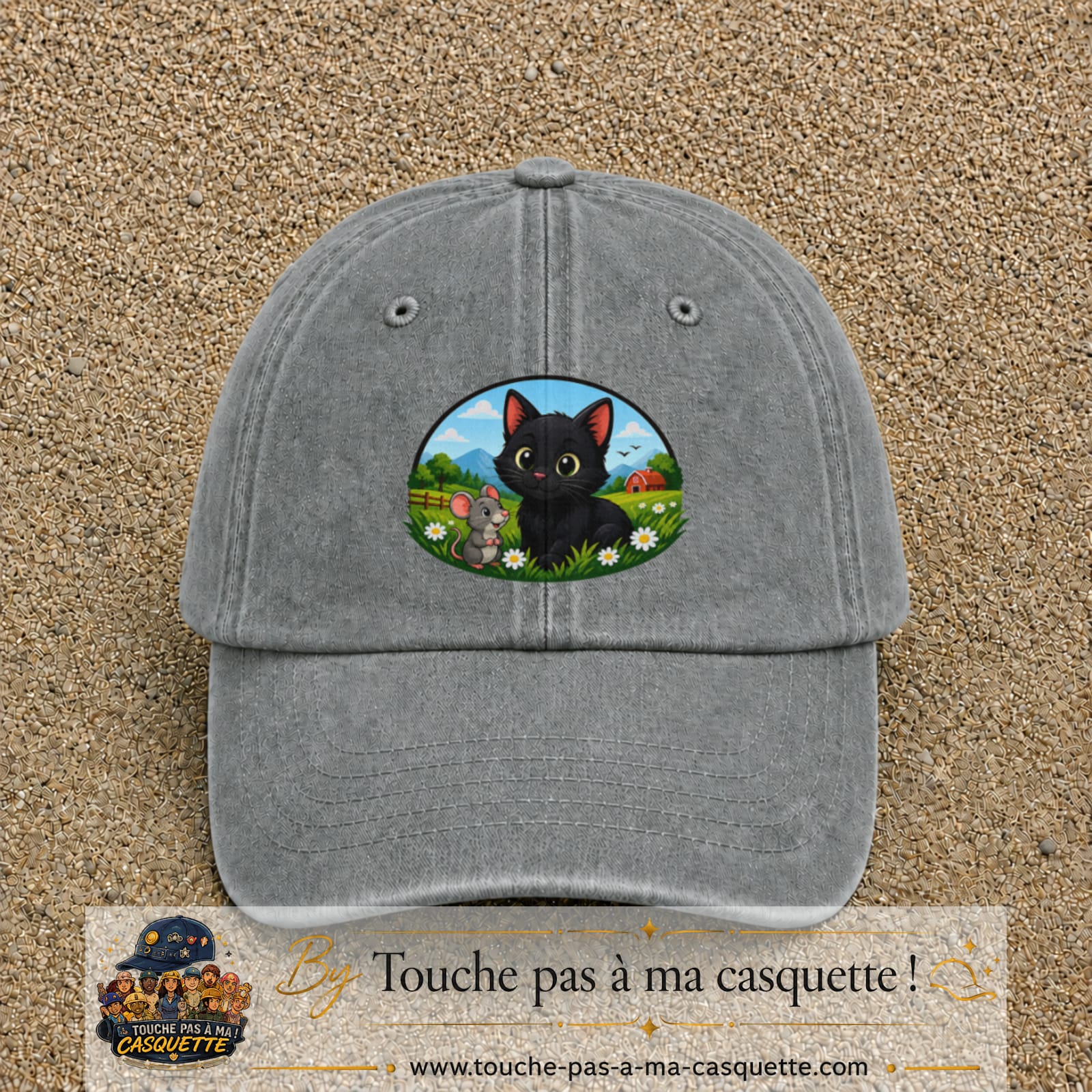 Casquette baseball Gris délavé 100% coton avec visuel Chat et souris à la ferme 7 cm - image produit principale
