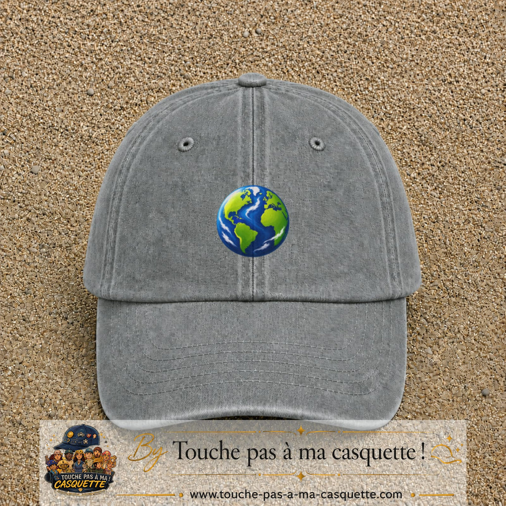 Casquette baseball Gris délavé 100% coton avec visuel Planète Terre cartoon 5 cm - image produit principale