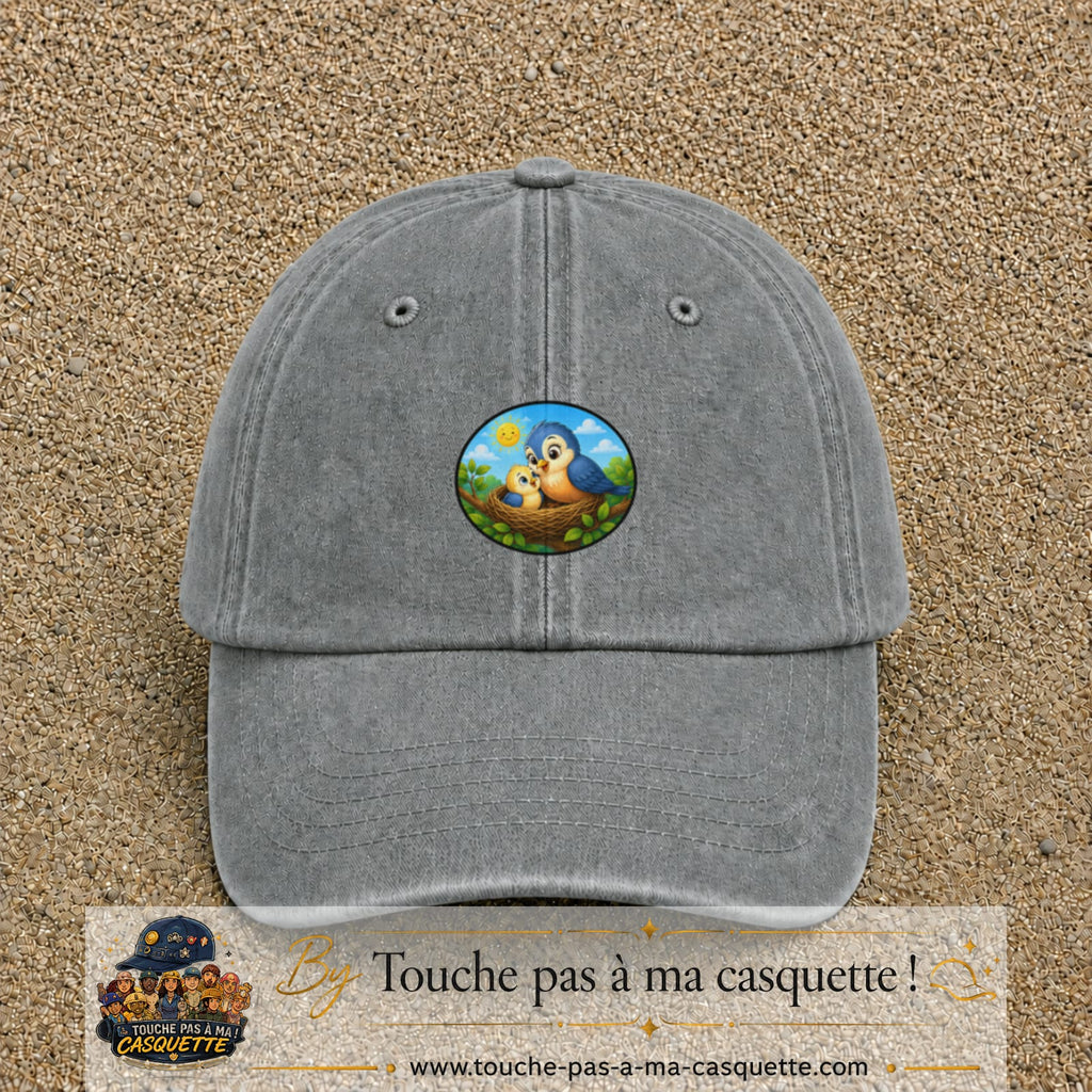 Casquette baseball Gris délavé 100% coton avec visuel Oiseaux au nid 5 cm - image produit principale