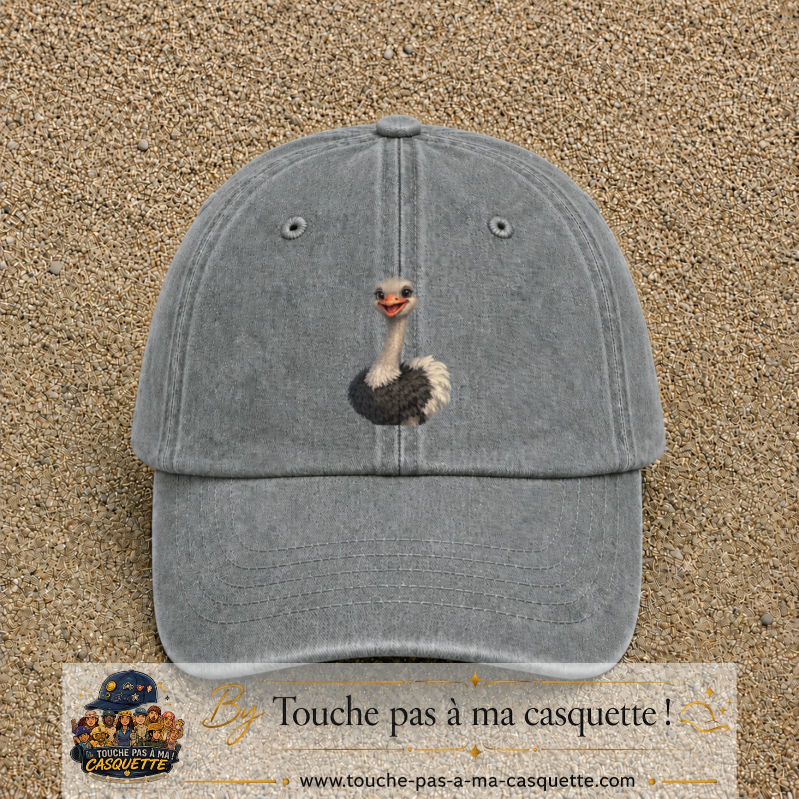 Casquette Gris délavé 100% coton avec motif Autruche souriante 7 cm - image principale