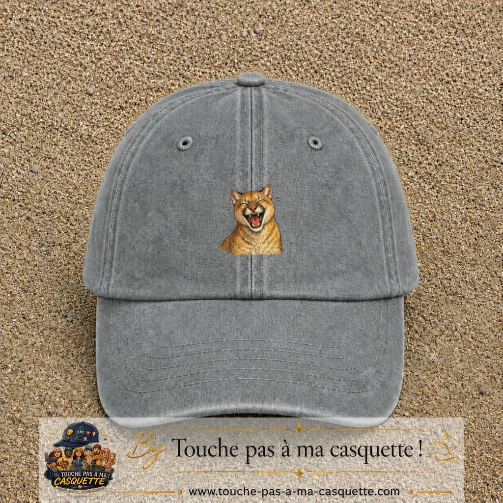 Casquette Gris délavé 100% coton avec motif Félin sauvage qui rit 5 cm - image principale