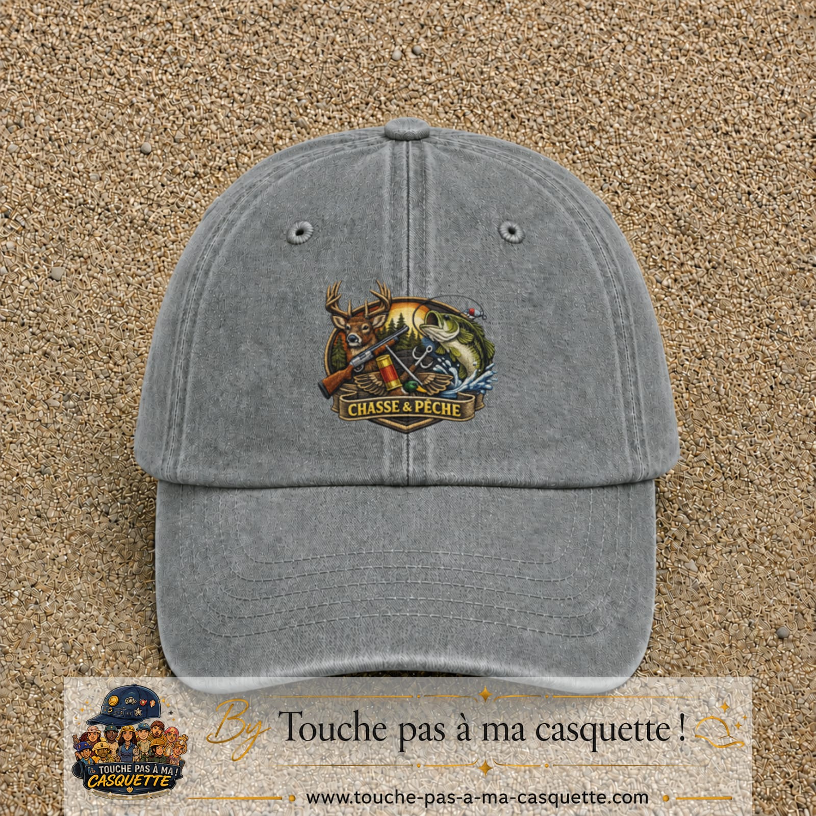 Casquette Gris délavé motif Chasse et pêche 7 cm - vue principale