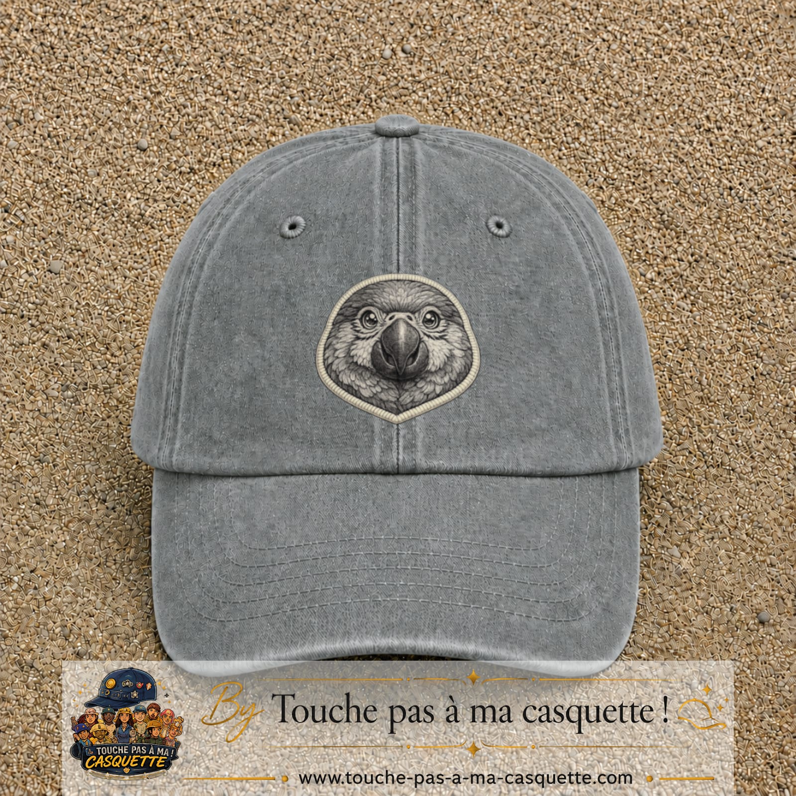 Casquette Gris délavé motif Perroquet rond 7 cm - vue principale