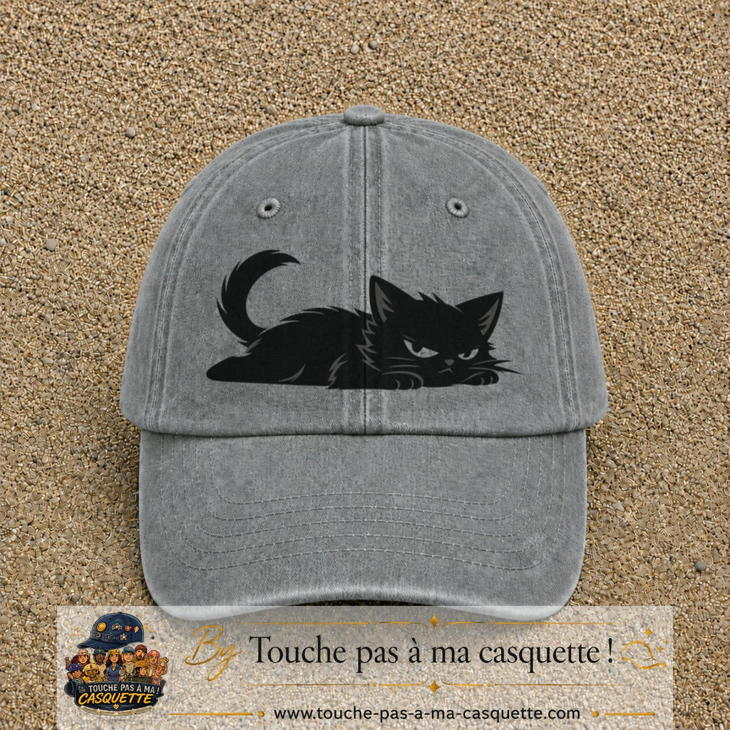 Casquette baseball Gris délavé 100% coton avec visuel Chat noir couché 7 cm - image produit principale