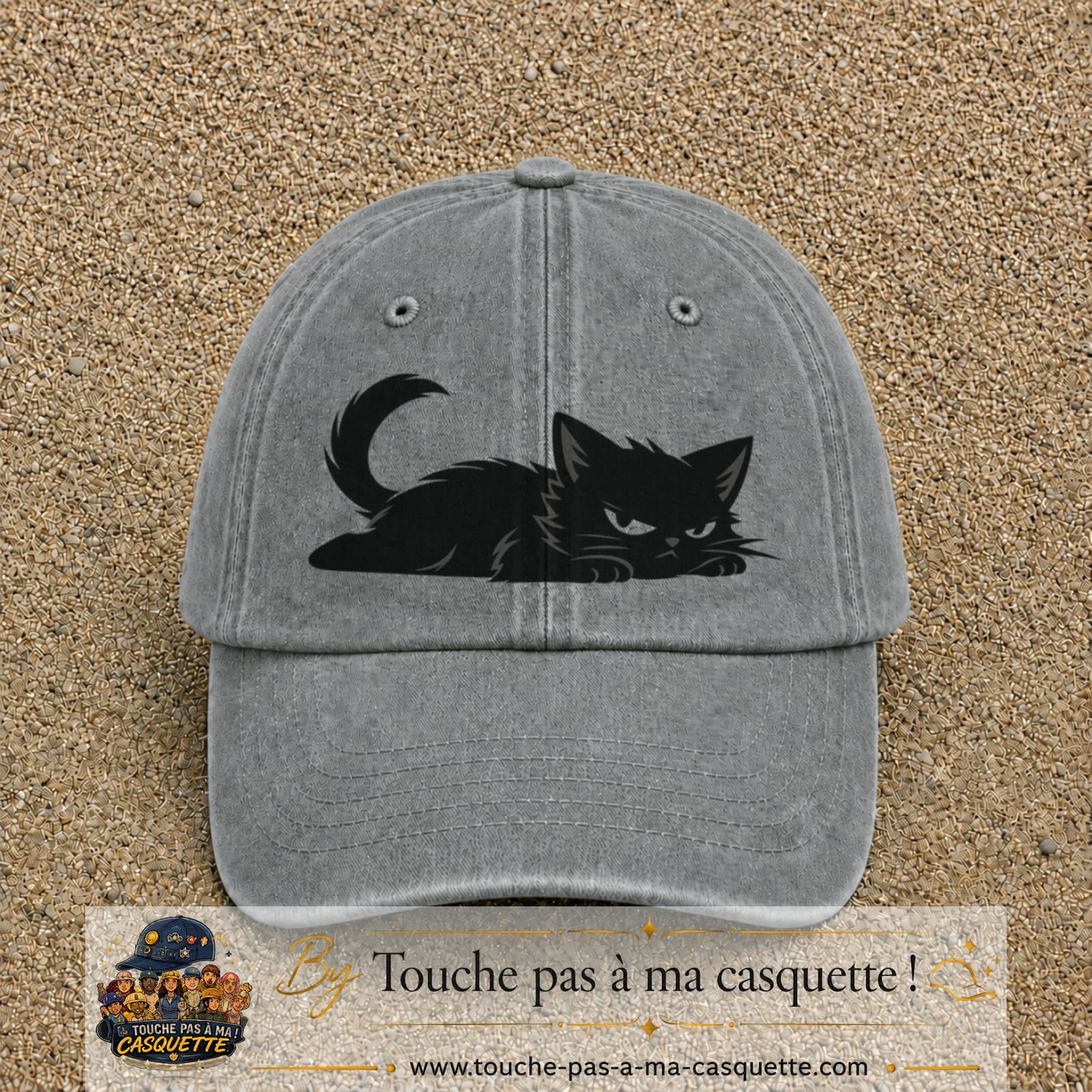 Casquette baseball Gris délavé 100% coton avec visuel Chat noir couché 7 cm - image produit principale