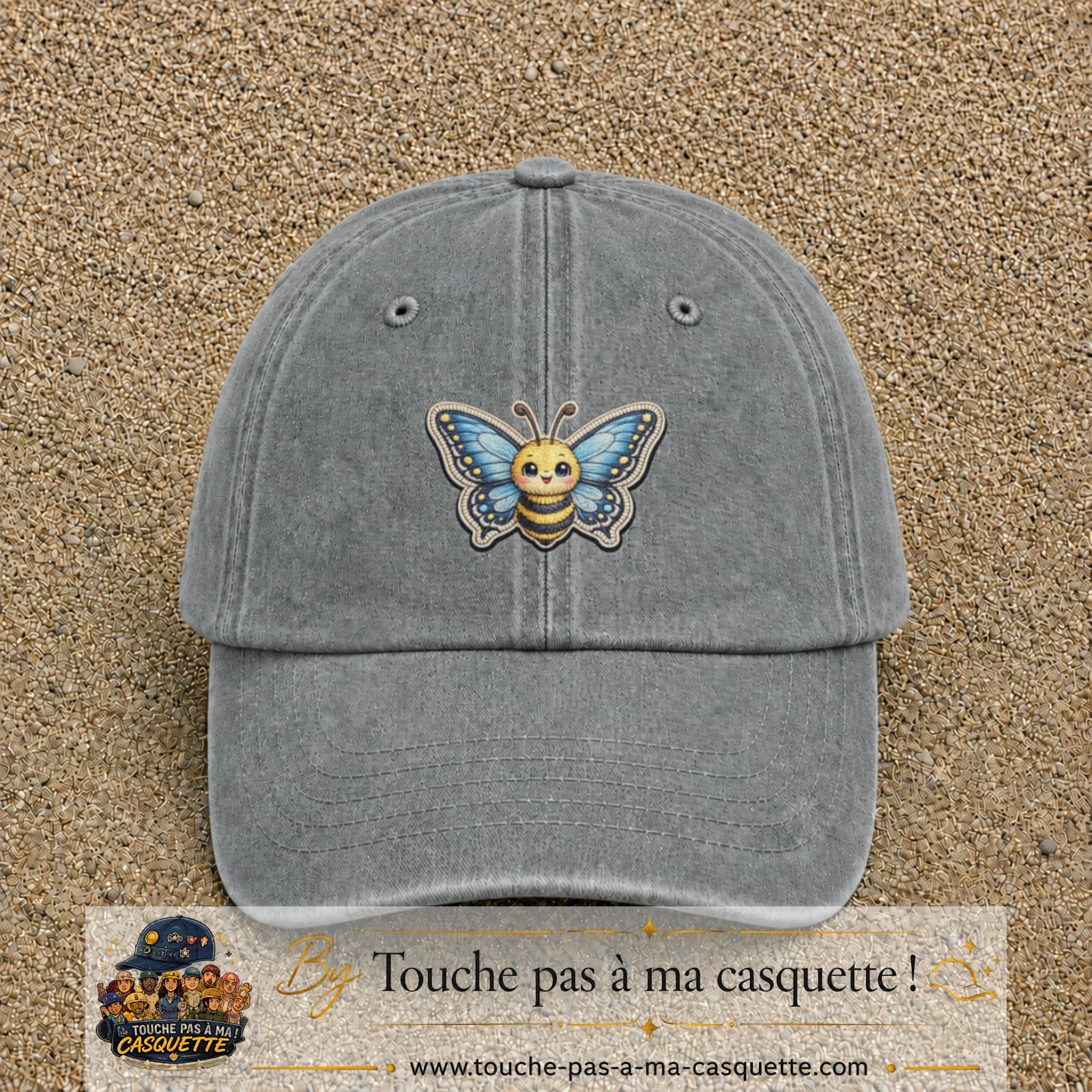 Casquette Gris délavé motif Abeille papillon 5 cm - vue principale