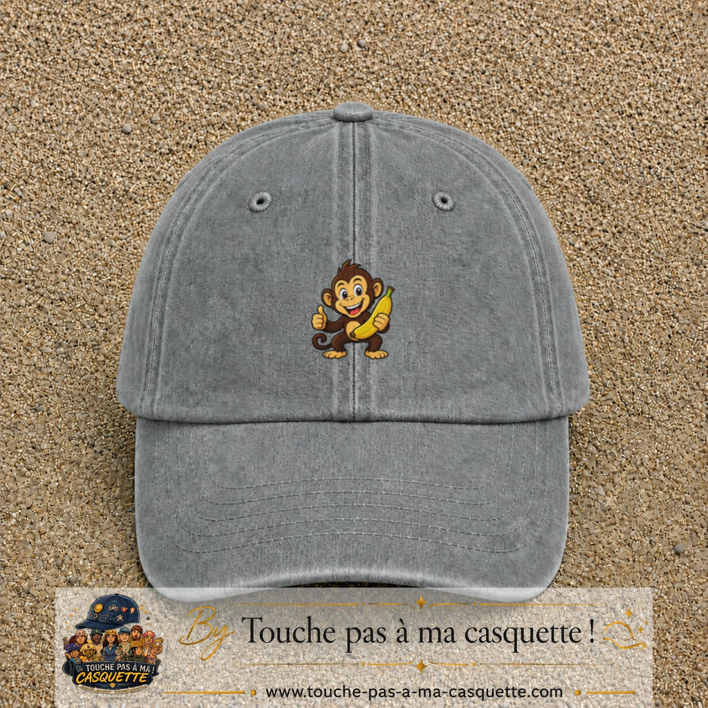 Casquette baseball Gris délavé 100% coton avec motif Singe à la banane 3 cm - image principale
