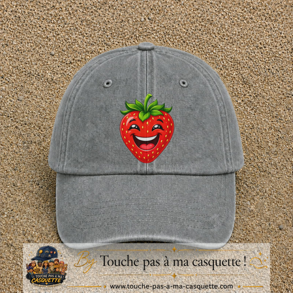 Casquette baseball Gris délavé 100% coton avec motif Fraise souriante 7 cm - image principale