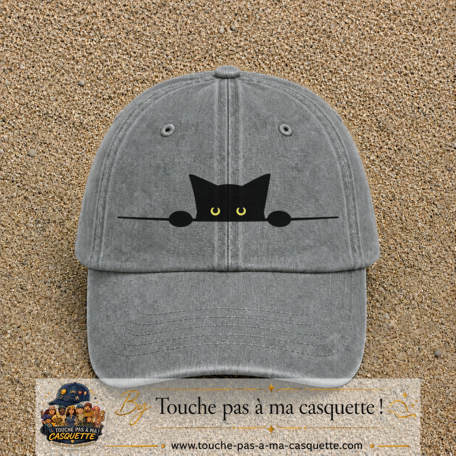 Casquette baseball Gris délavé 100% coton avec visuel Chat noir curieux 7 cm - image produit principale