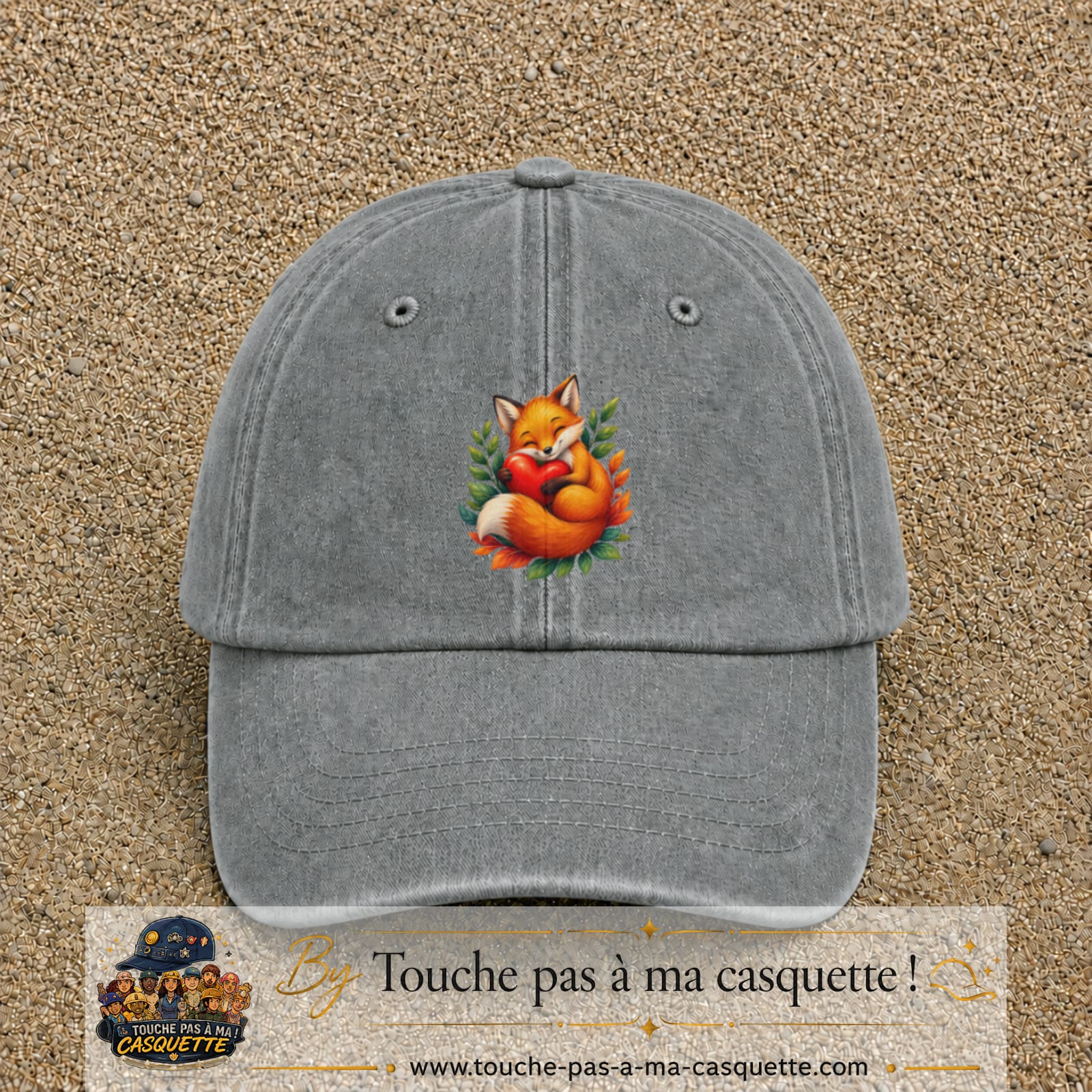 Casquette baseball Gris délavé 100% coton avec motif Renard au cœur 7 cm - image principale