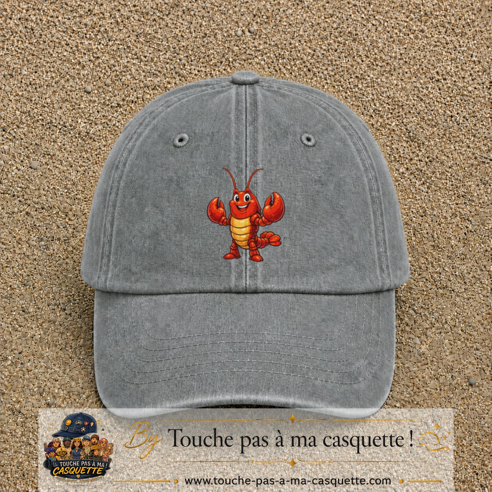 Casquette baseball Gris délavé 100% coton avec visuel Homard cartoon 7 cm - image produit principale