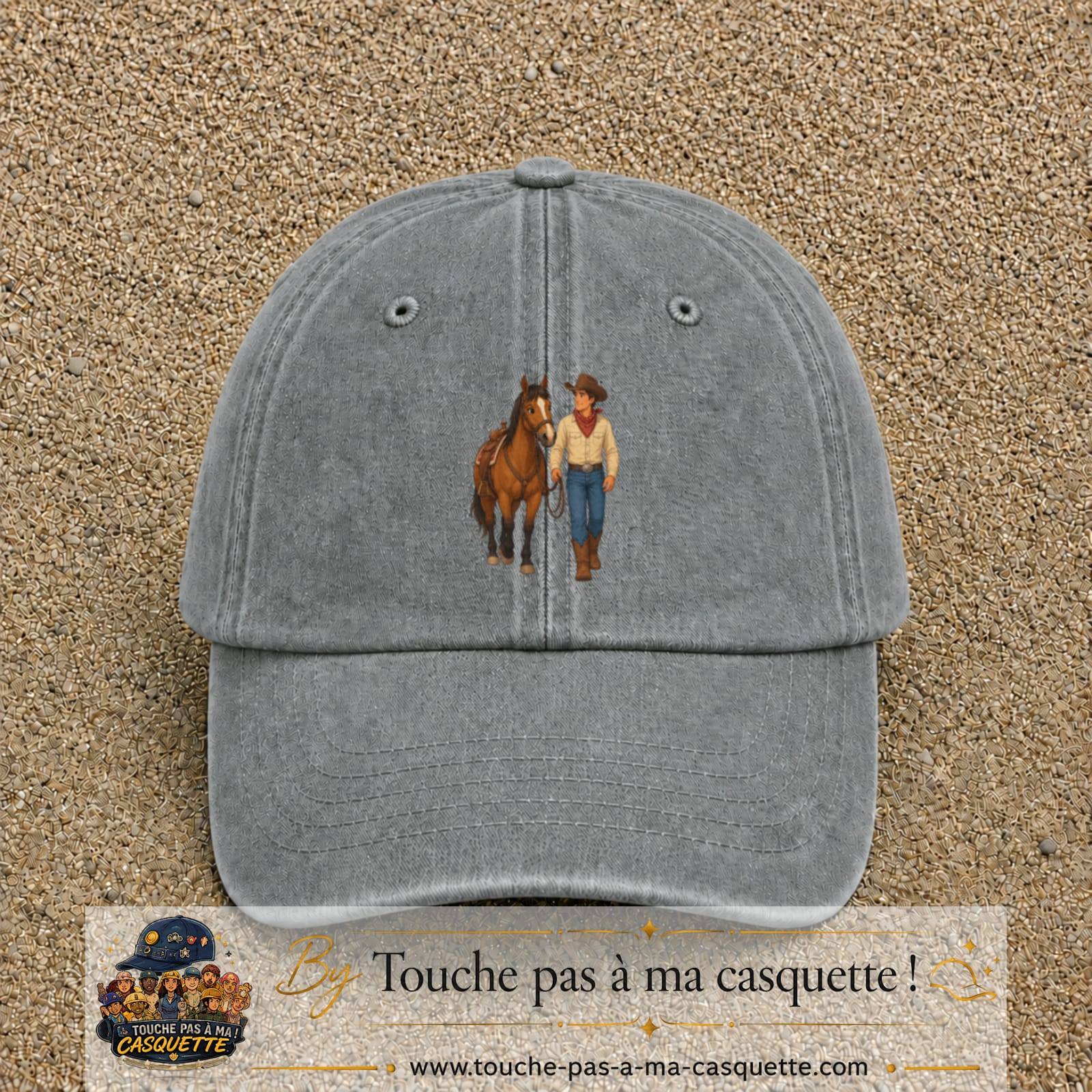 Casquette baseball Gris délavé 100% coton avec motif Cow-boy à cheval 7 cm - image principale