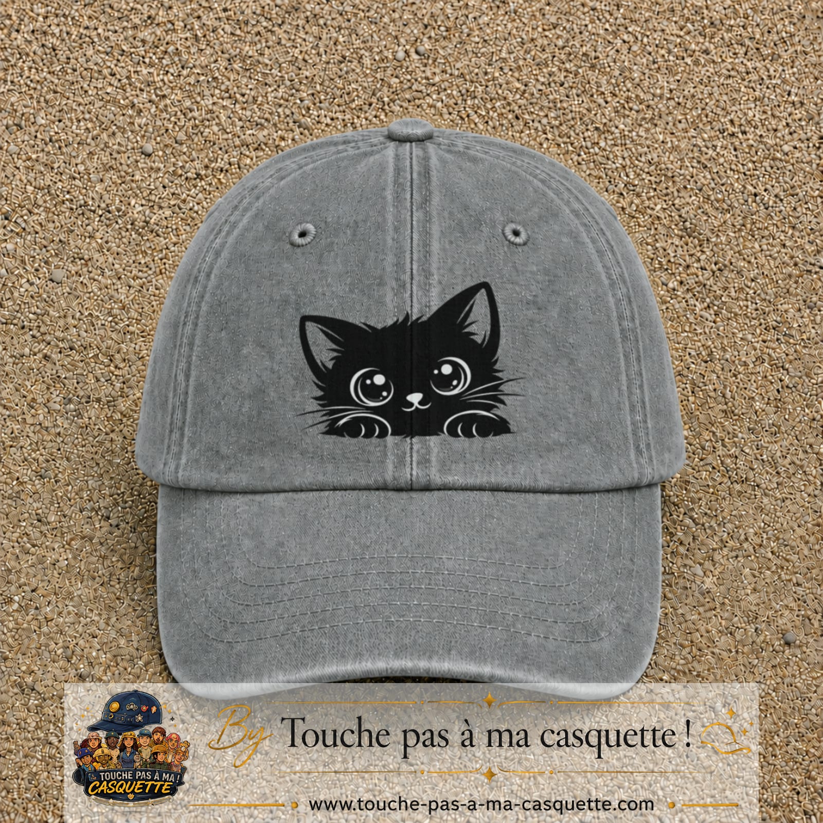 Casquette baseball Gris délavé 100% coton avec visuel Chaton noir kawaii 7 cm - image produit principale