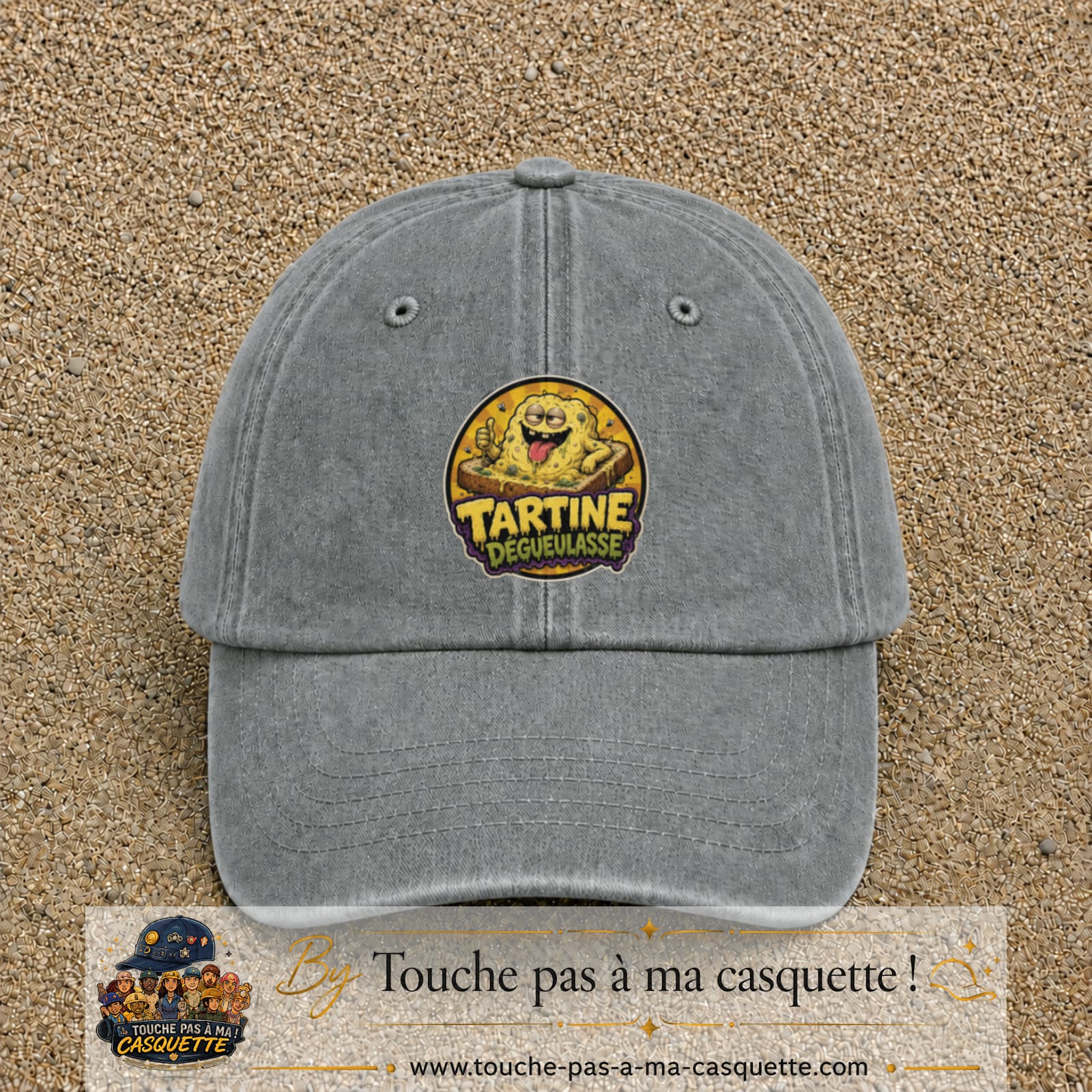 Casquette baseball Gris délavé 100% coton avec visuel Tartine dégueulasse 7 cm - image produit principale