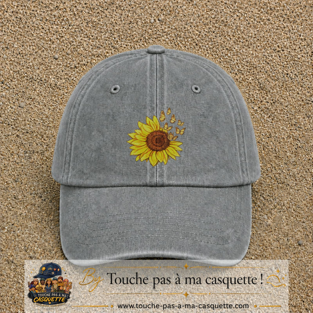 Casquette Gris délavé motif Tournesol avec papillons 7 cm - vue principale