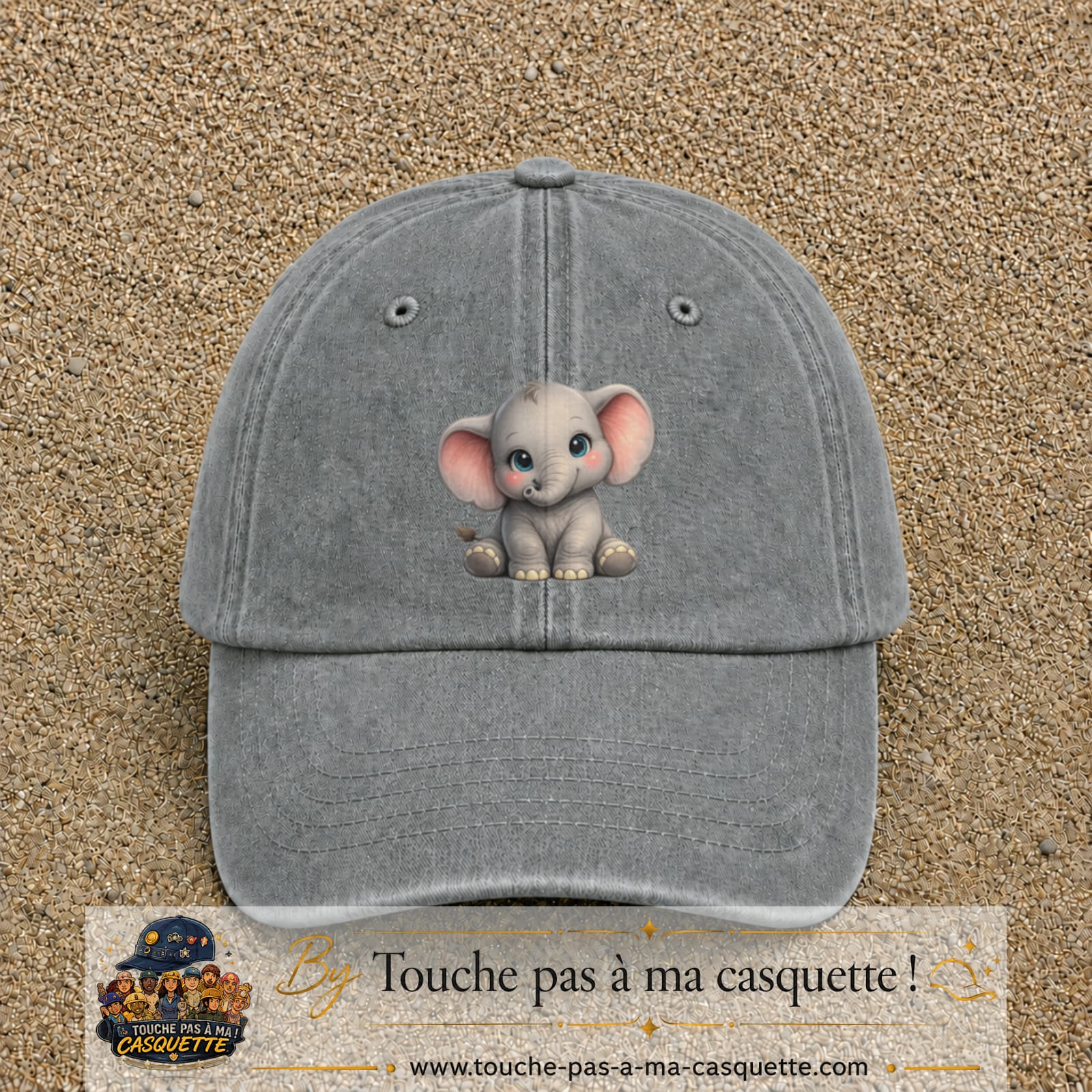 Casquette baseball Gris délavé 100% coton avec visuel Éléphanteau kawaii 7 cm - image produit principale