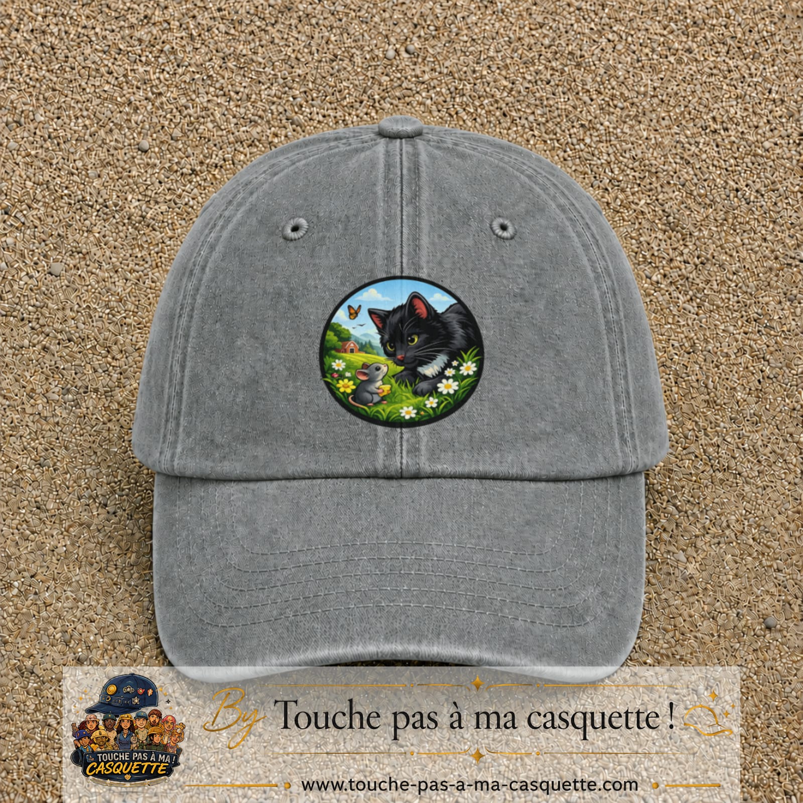 Casquette baseball Gris délavé 100% coton avec visuel Chat noir et souris 7 cm - image produit principale