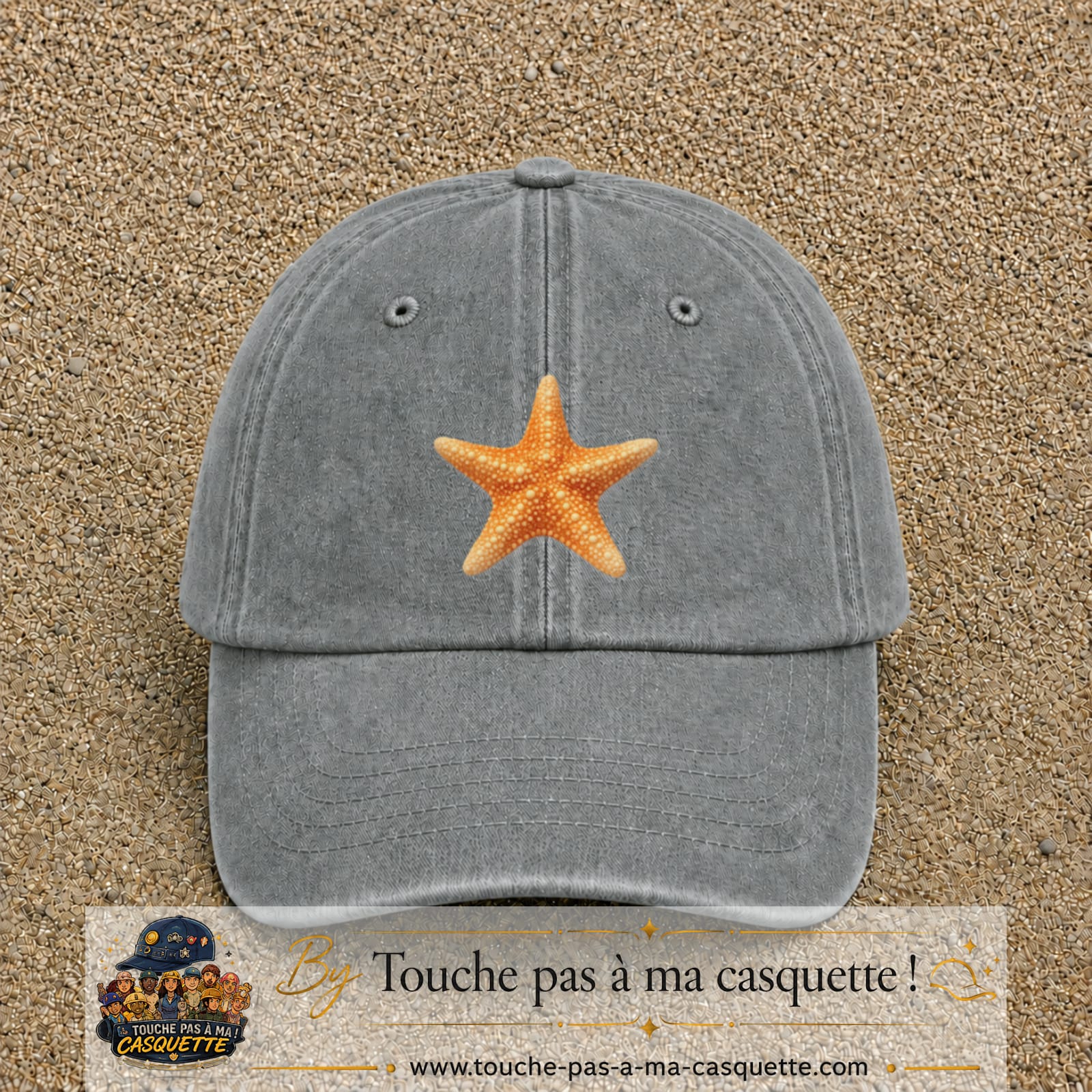 Casquette baseball Gris délavé 100% coton avec visuel Étoile de mer 7 cm - image produit principale