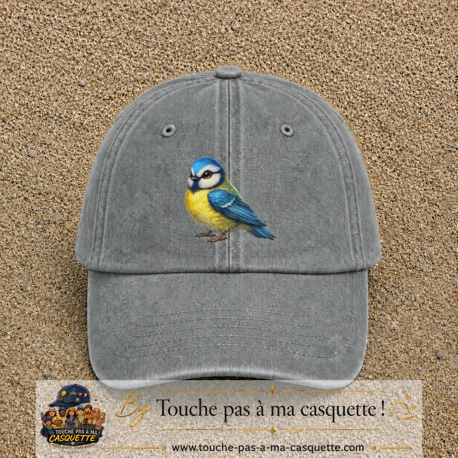 Casquette baseball Gris délavé 100% coton avec visuel Mésange bleue 7 cm - image produit principale
