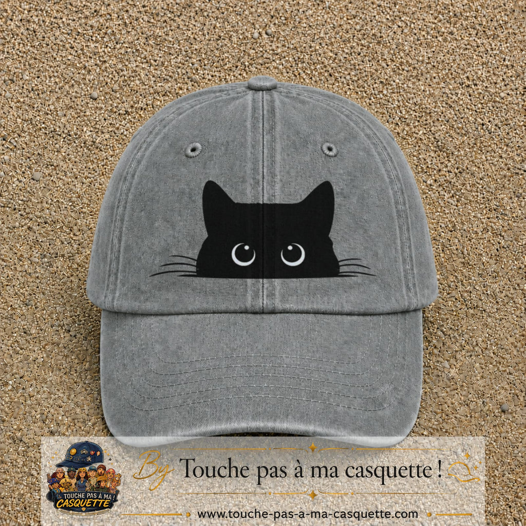 Casquette baseball Gris délavé 100% coton avec visuel Chat noir cache-cache 7 cm - image produit principale