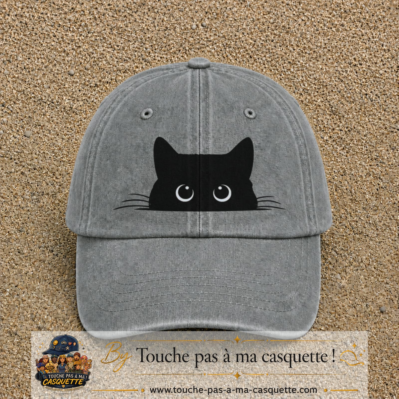 Casquette baseball Gris délavé 100% coton avec visuel Chat noir cache-cache 7 cm - image produit principale
