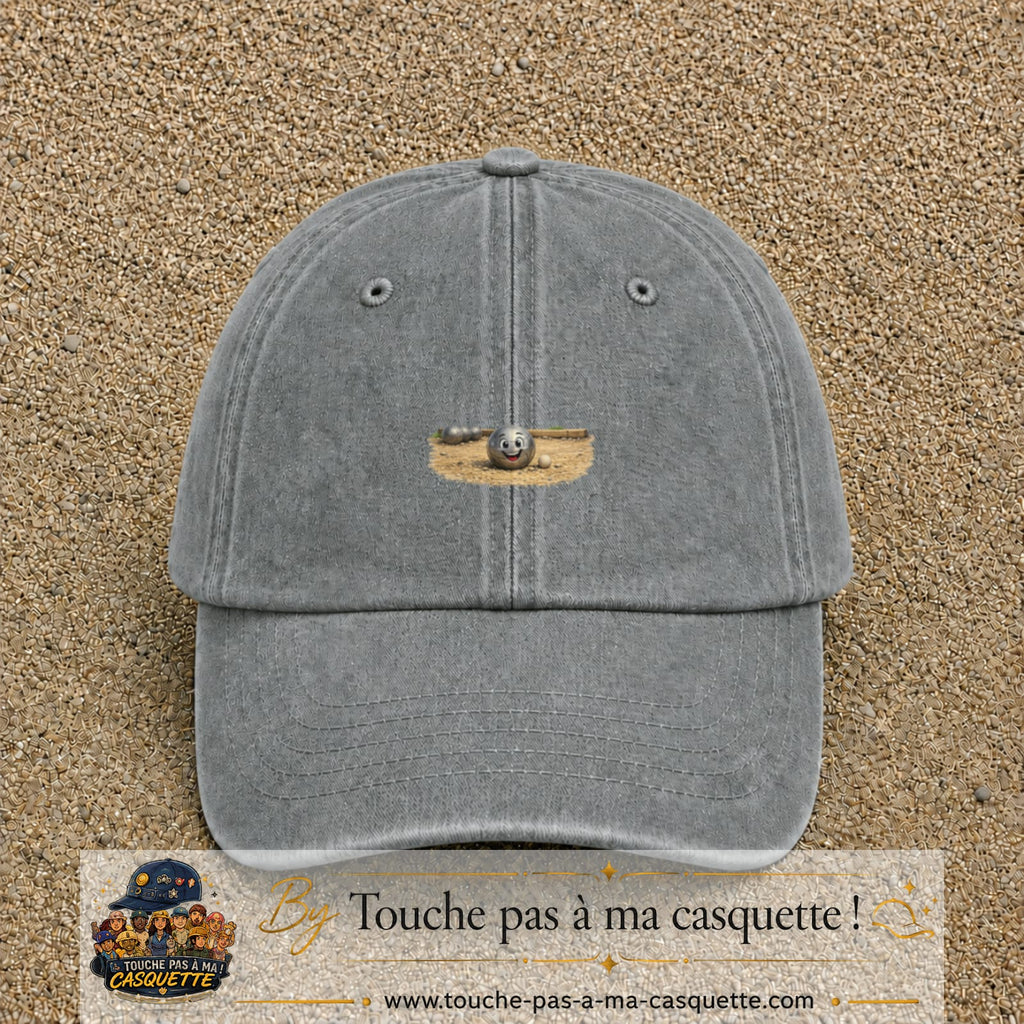 Casquette baseball Gris délavé 100% coton avec motif Boule de pétanque souriante 3 cm - image principale