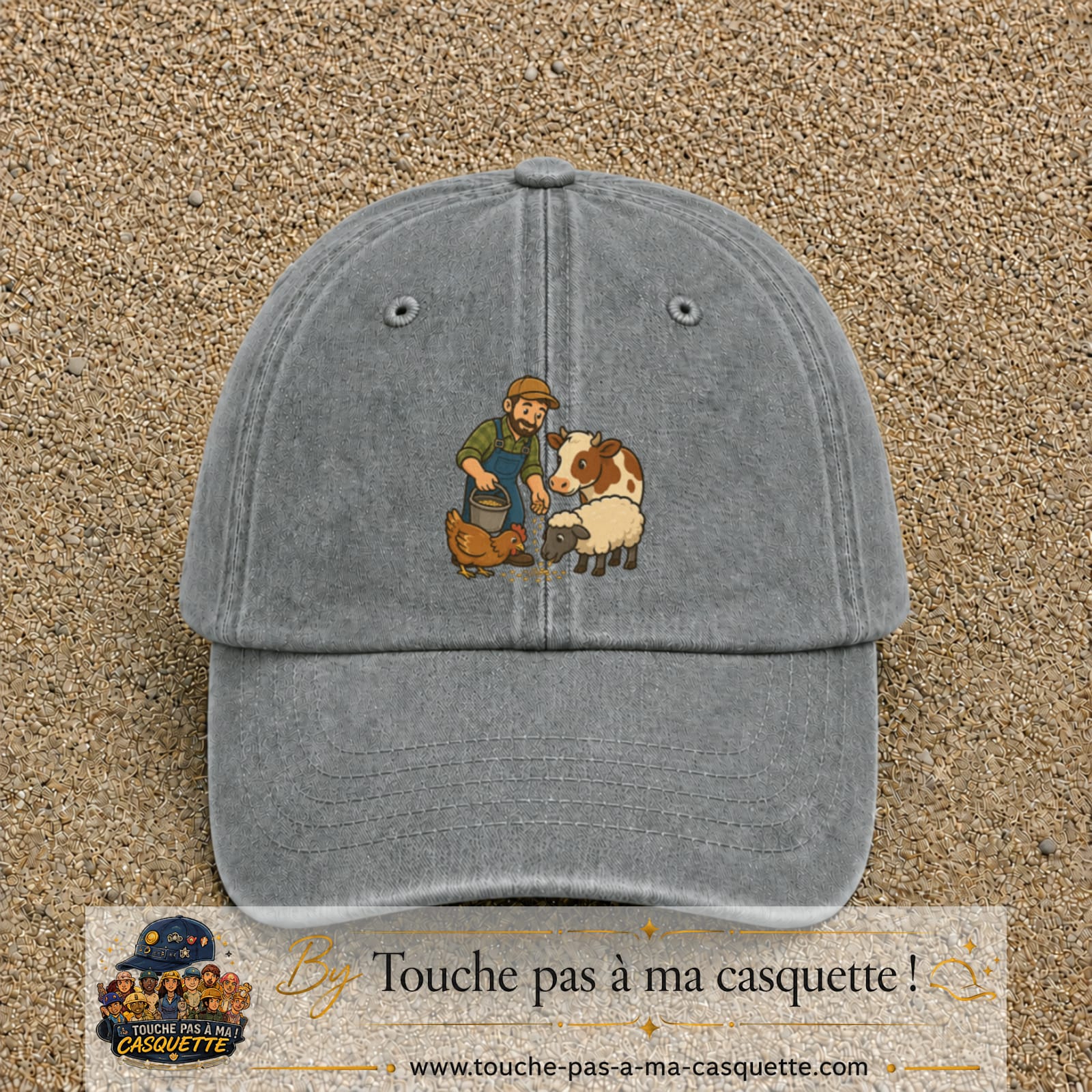 Casquette Gris délavé 100% coton avec motif Fermier et animaux 7 cm - image principale