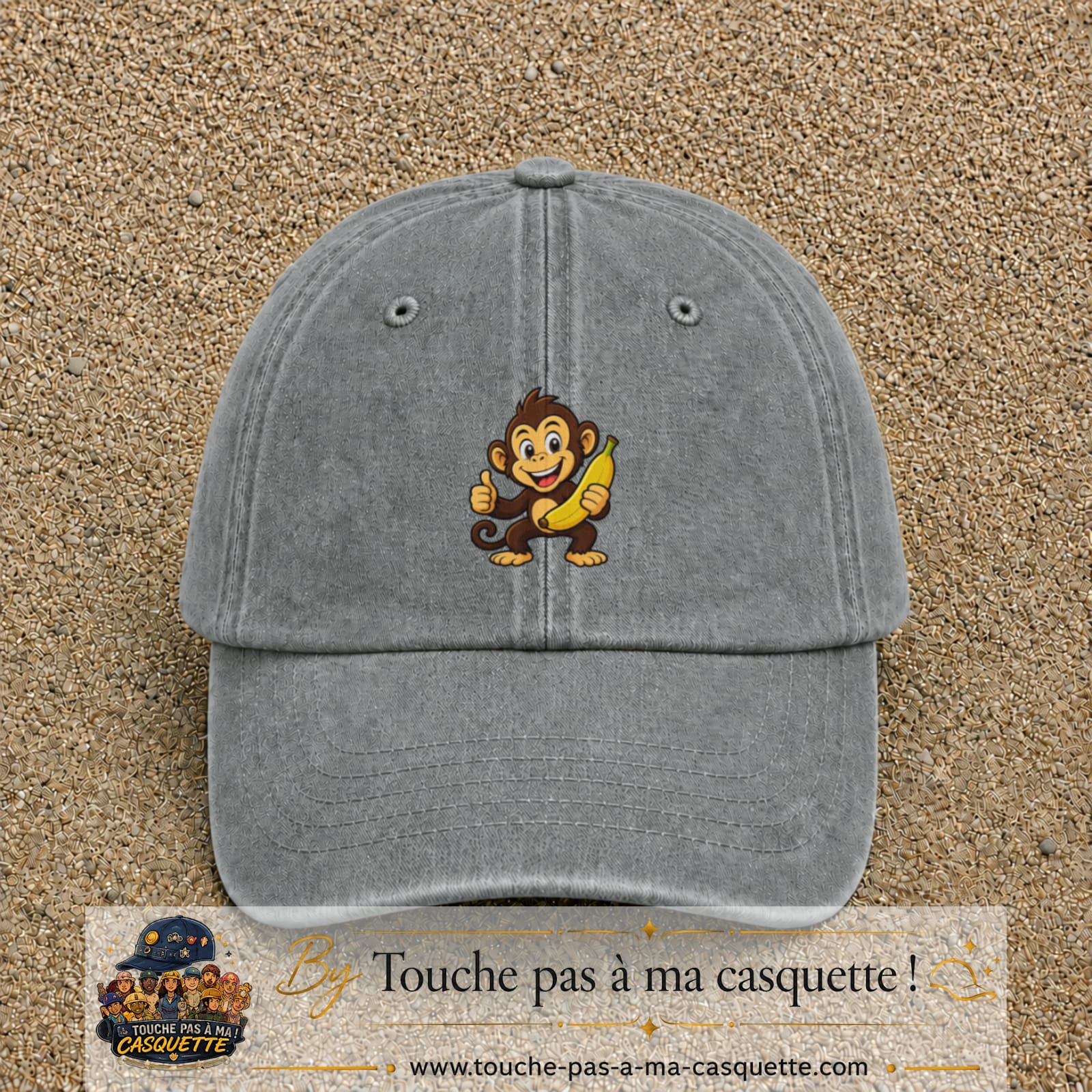 Casquette baseball Gris délavé 100% coton avec motif Singe à la banane 5 cm - image principale