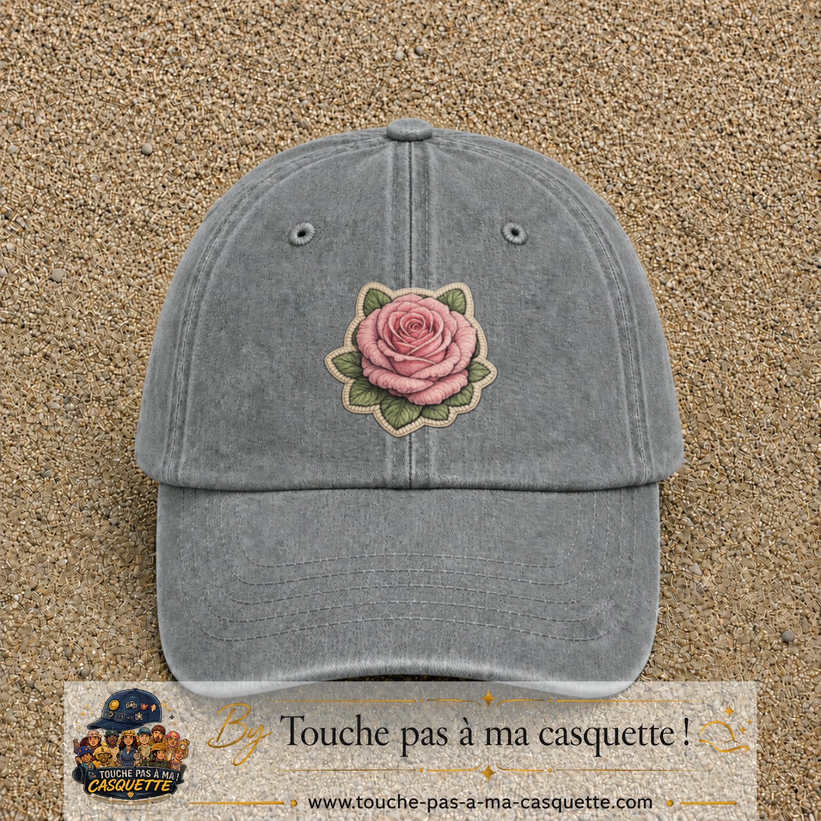 Casquette Gris délavé motif Rose tendre 7 cm - vue principale
