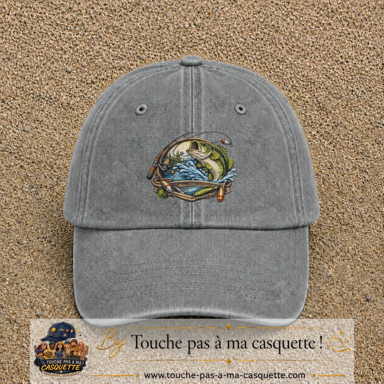 Casquette Gris délavé motif Pêche sportive 7 cm - vue principale