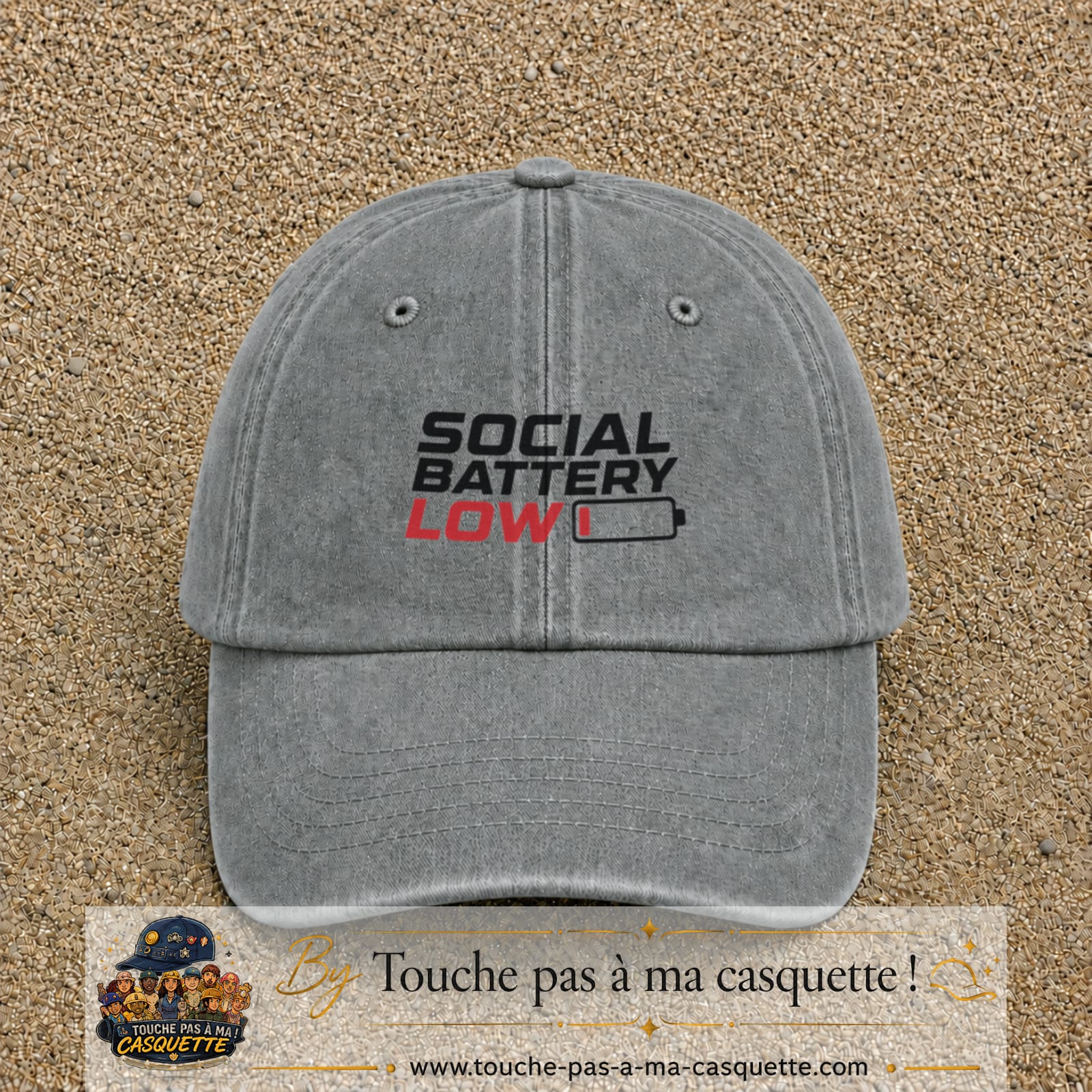 Casquette Gris délavé 100% coton avec motif Social Battery Low 5 cm - image principale
