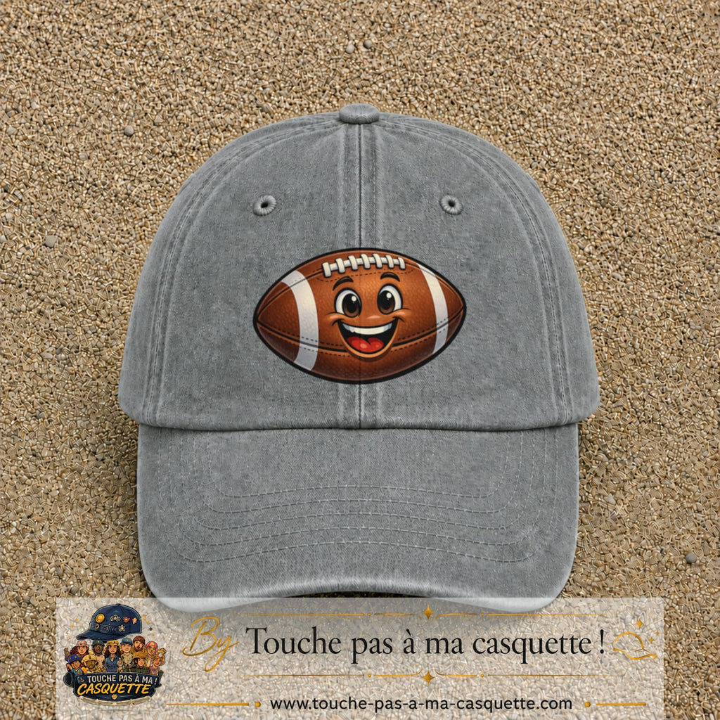 Casquette Gris délavé 100% coton avec motif Ballon de rugby sourire 7 cm - image principale