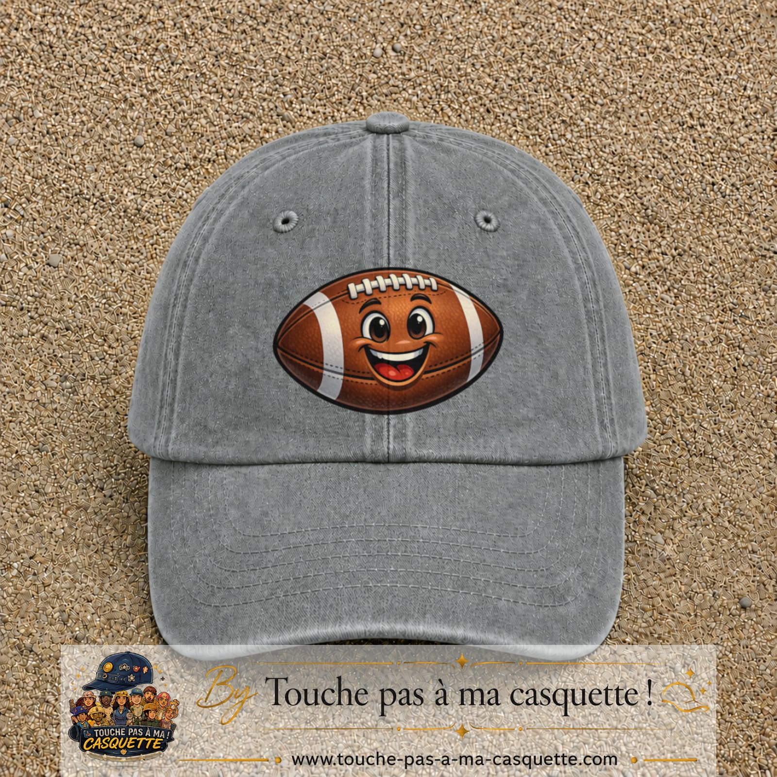 Casquette Gris délavé 100% coton avec motif Ballon de rugby sourire 7 cm - image principale