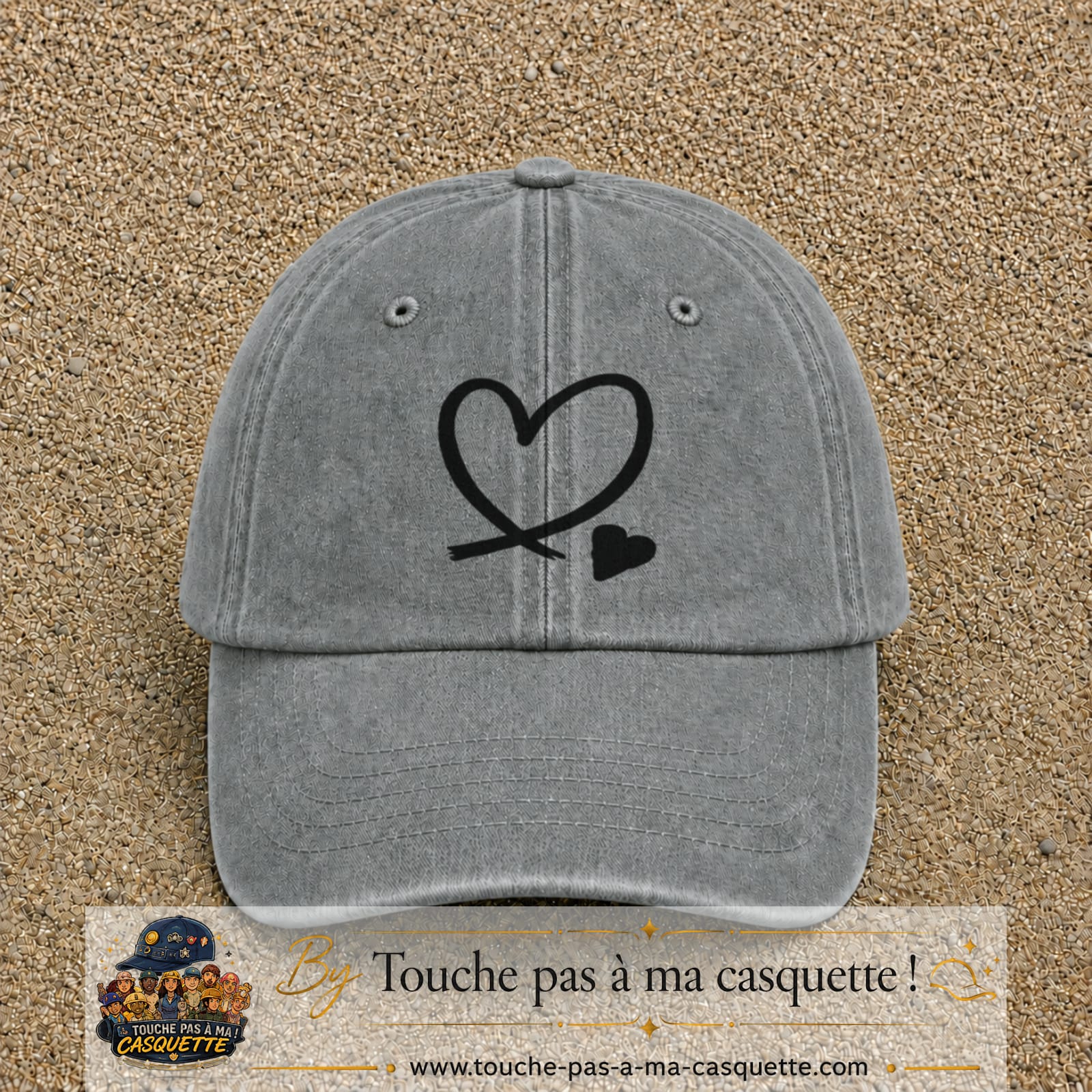 Casquette baseball Gris délavé 100% coton avec visuel Cœur noir dessiné 7 cm - image produit principale