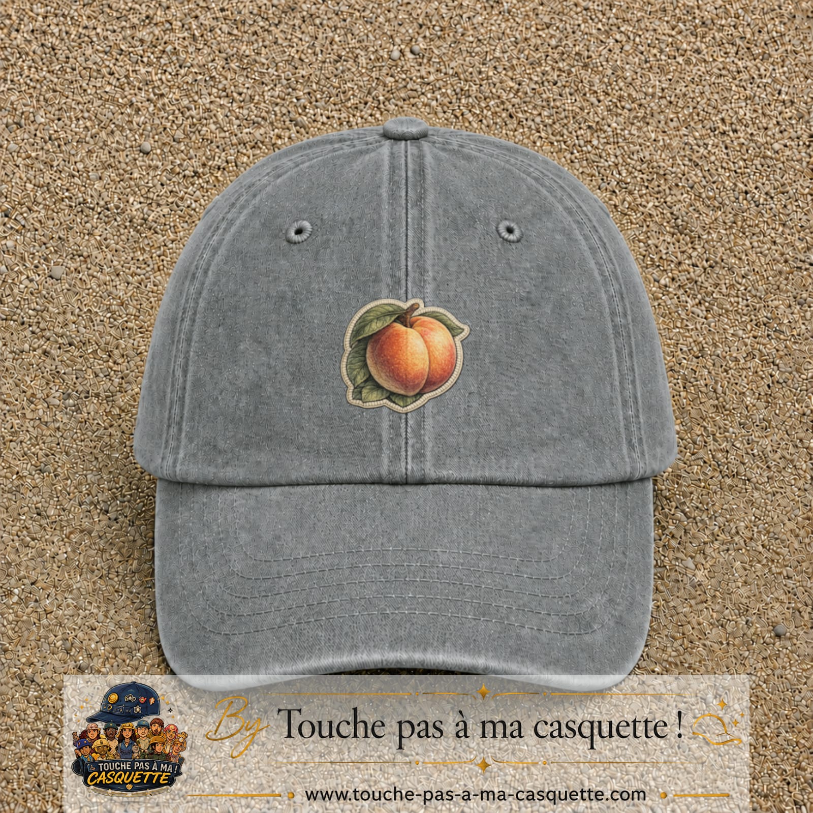 Casquette Gris délavé motif Pêches fruitées 5 cm - vue principale