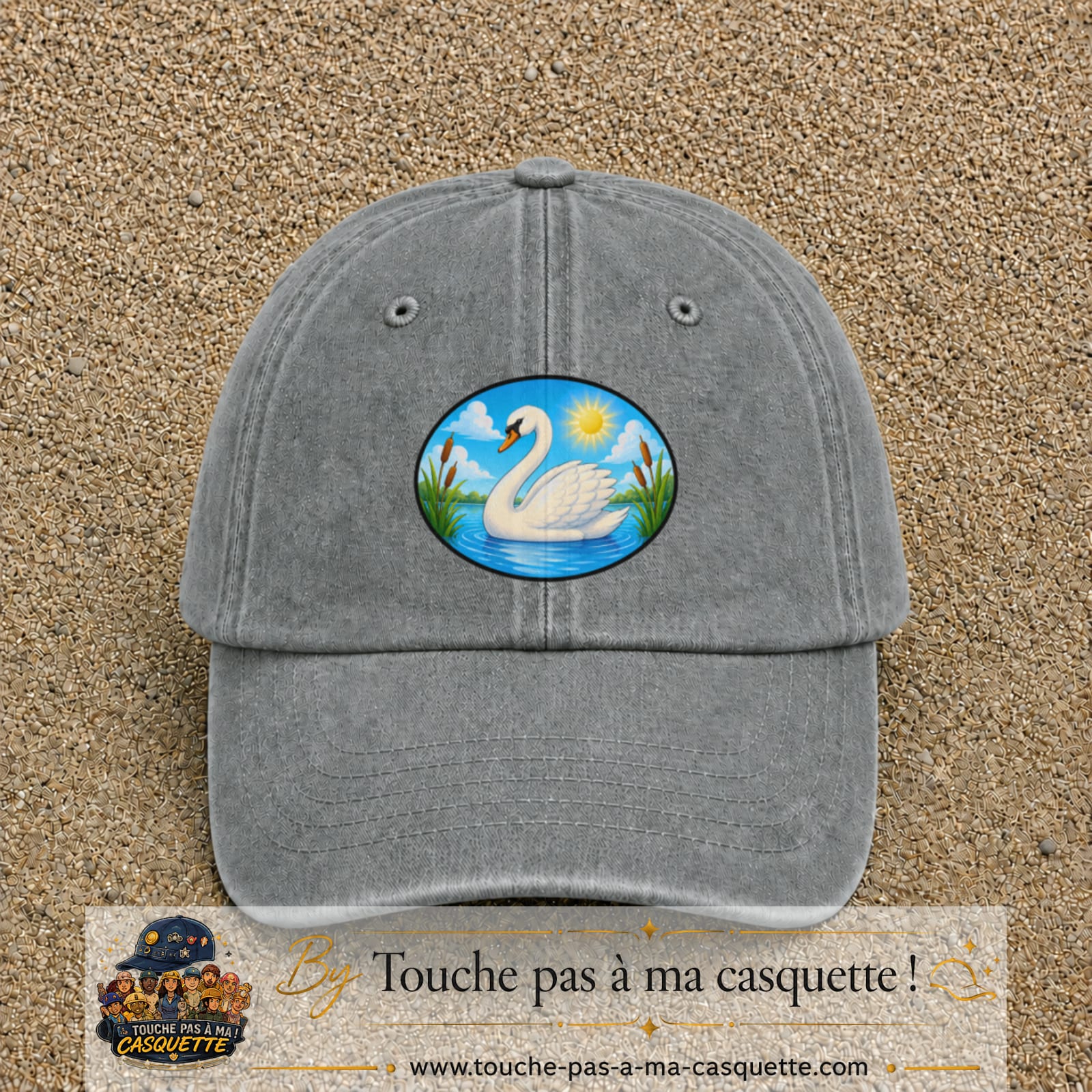 Casquette baseball Gris délavé 100% coton avec visuel Cygne sur lac 7 cm - image produit principale