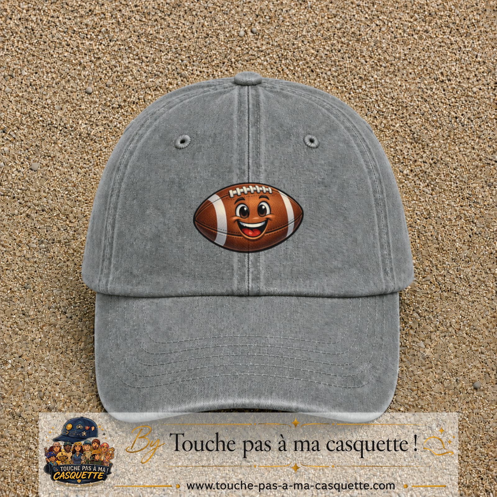 Casquette Gris délavé 100% coton avec motif Ballon de rugby sourire 5 cm - image principale