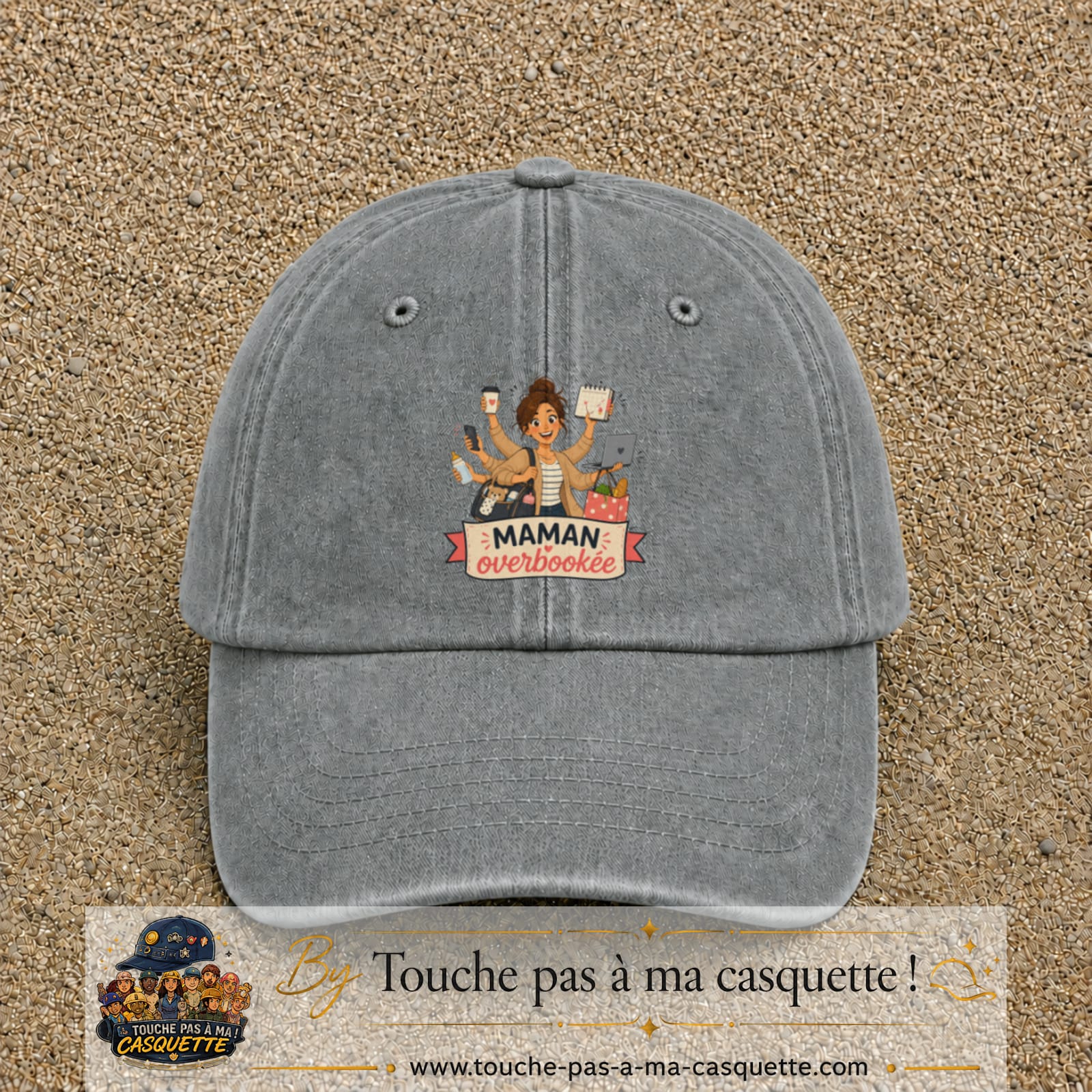 Casquette baseball Gris délavé 100% coton avec visuel Maman overbookée 7 cm - image produit principale