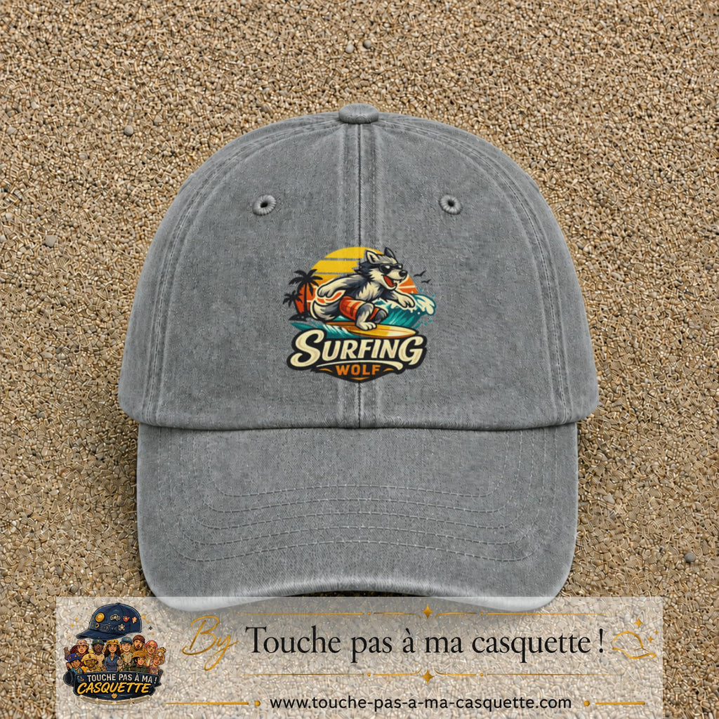 Casquette Gris délavé 100% coton avec motif Surfing Wolf 7 cm - image principale