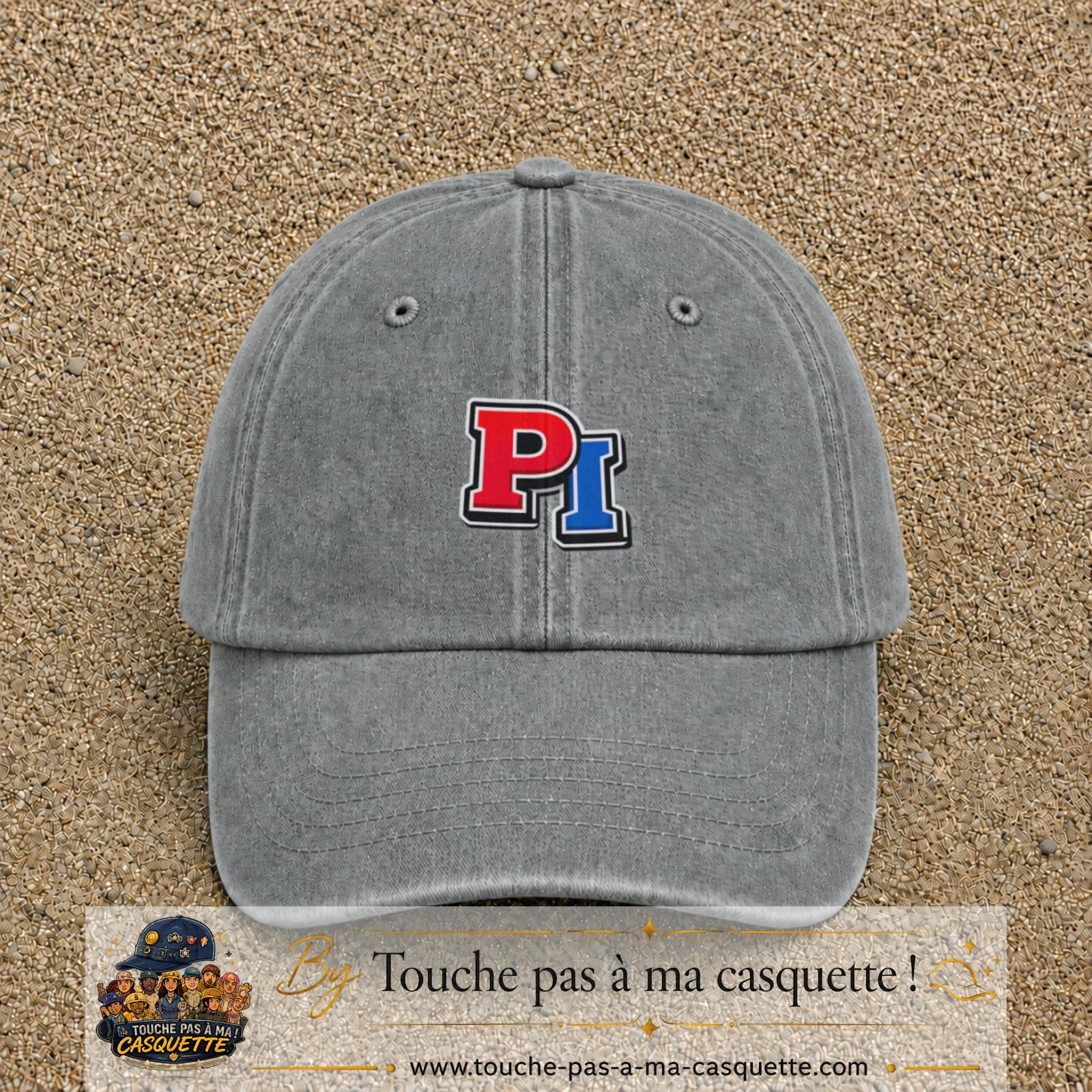 Casquette Gris délavé 100% coton avec motif Initiales PI rouge et bleu 5 cm - image principale